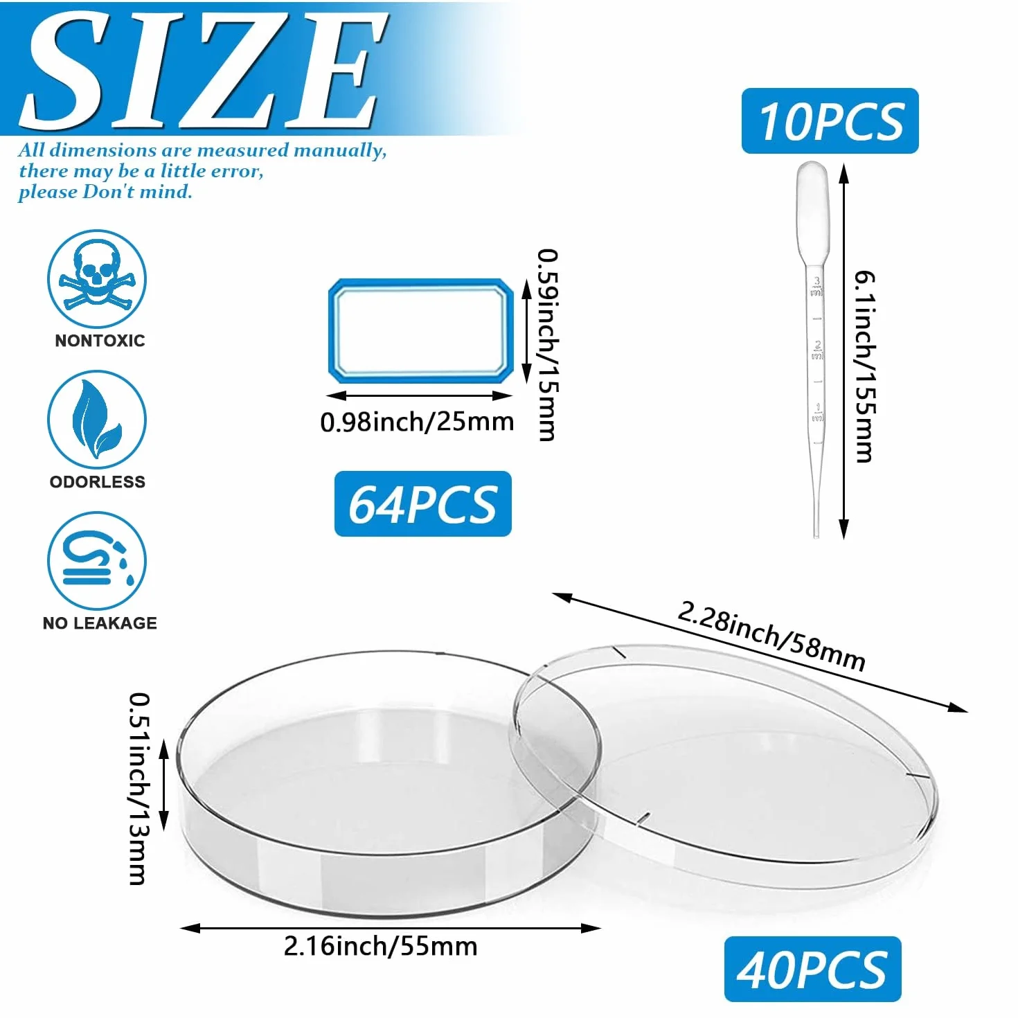 JNZLT 40 Pezzi Petri Dishes, Piastra Petri in Plastica Piastra Dish Sterile Trasparente con 10 Contagocce in Plastica e 1 Adesivo, per laboratori e uffici