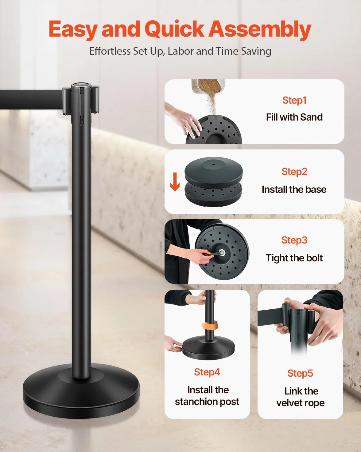 VEVOR Pali per Barriera di Controllo della Folla 315 x 870 mm Supporto per Barriera in Acciaio al Carbonio, Confezione da 6, con 6 Cinghie Retrattili, con Base Cava per Matrimoni, Mostre, Nero
