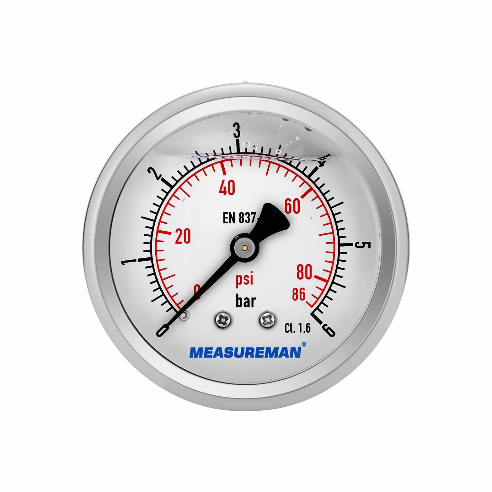 Manometro riempito con glicerina da 2,5", 0-6 bar, cassa in acciaio inossidabile 304, connessione posteriore BSP da 1/4"