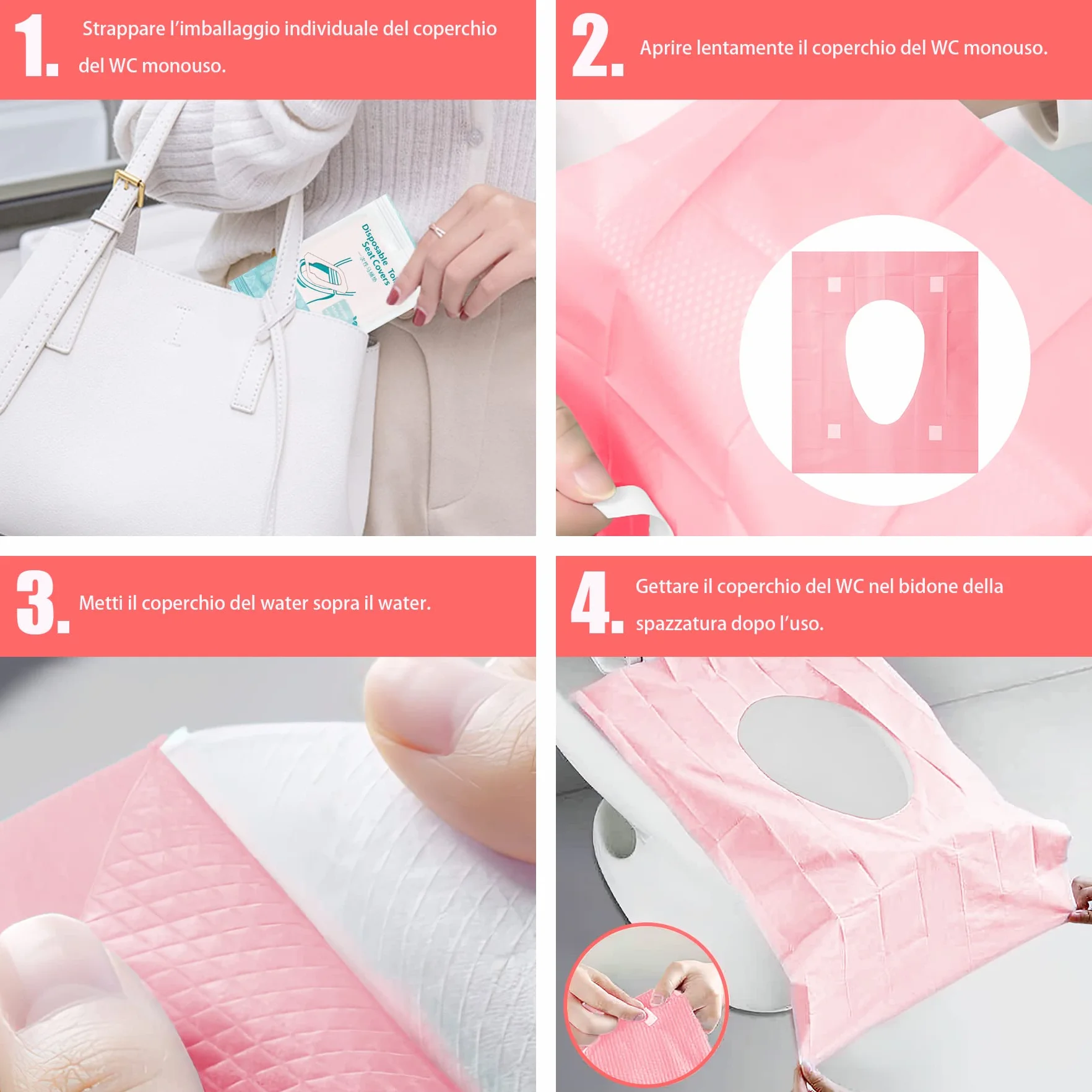 Copriwater Usa e Getta Igienici Monouso Universale per WC Impermeabile Tascabile Antibatterico Biodegradabili 40 Pezzi Rosa