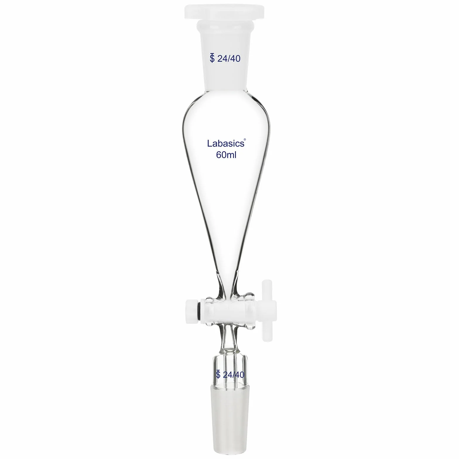 Labasics Imbuto Separatore Conico a Forma di Pera 60 ml con Rubinetto in PTFE, Vetro Borosilicato a Parete Spessa e Giunti 24/40