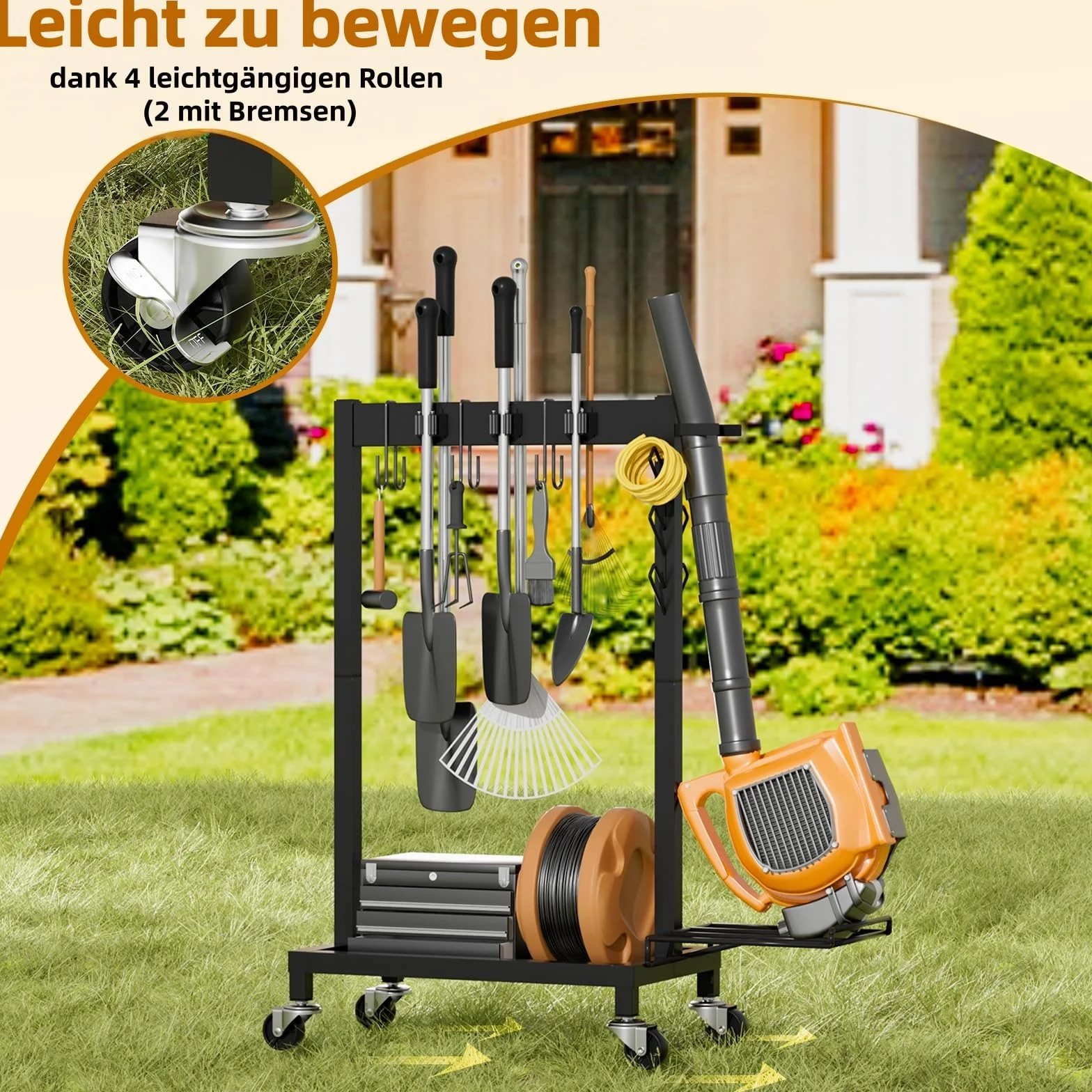 Porta scopa con organizer per detergenti, porta scopa con ruote, porta scopa e mocio, carrello per la pulizia con 6 ganci per mop, 3 ganci doppi, portata 68 kg, nero