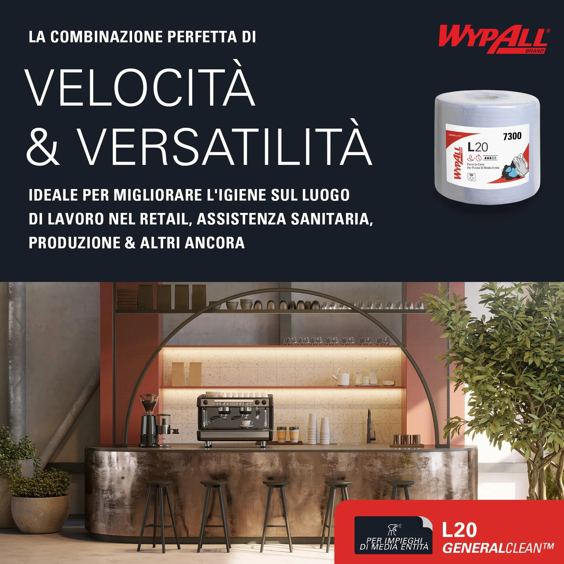 WypAll L20 Maxi Rotolo Panni Carta 7300, 2 Veli, Blu, 500 Fogli, Biodegradabili, Certificato Contatto Alimentare