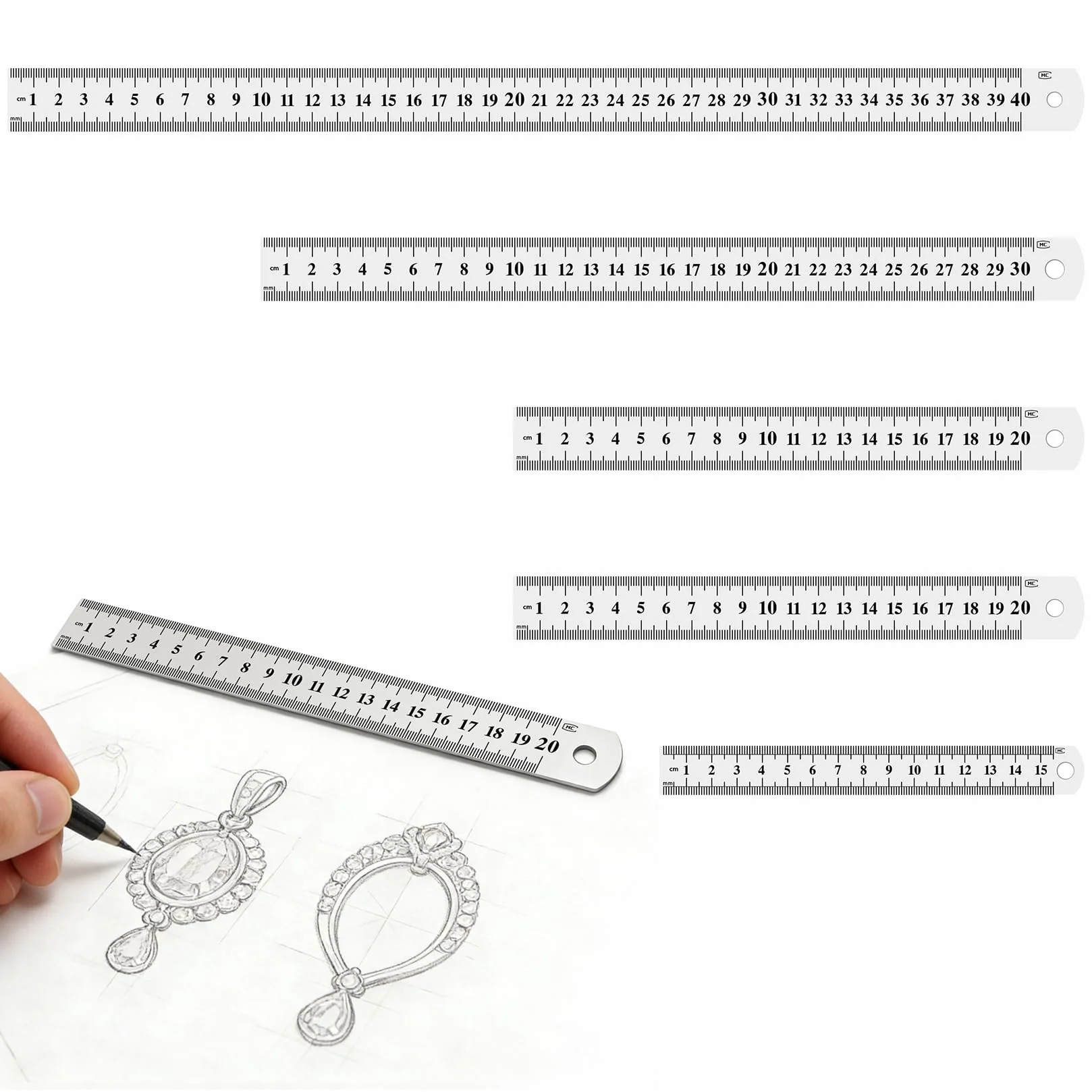 Righello in Acciaio Inossidabile 5 Pezzi 15/20/30/40 cm Metallo Scala Bifacciale