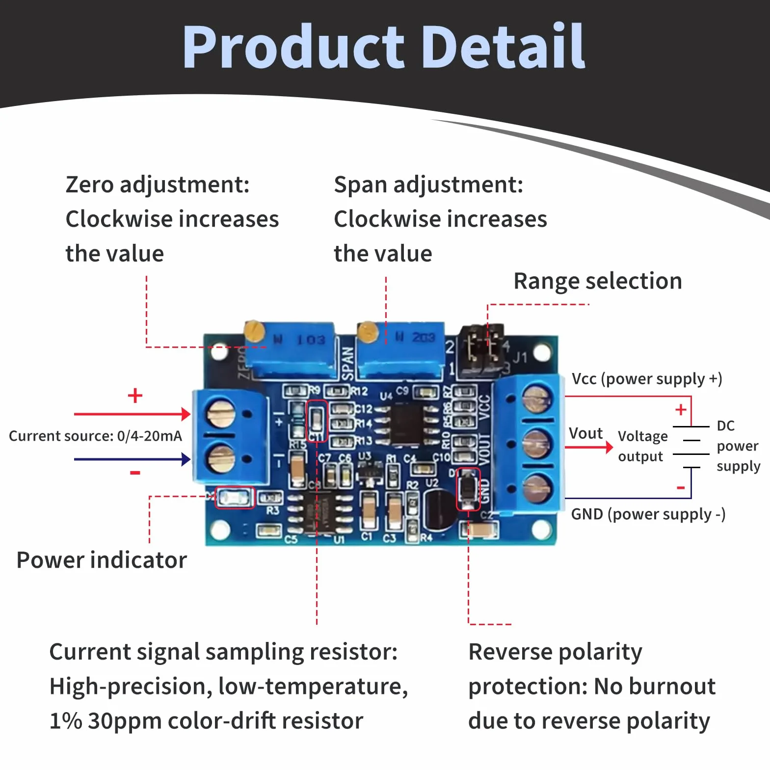 Modulo Convertitore Corrente a Tensione, Trasmettitore da 0/4-20 mA a 0-3.3v 5V 10V, Convertitore Industriale Segnale Analogico con Regolazione di Zero e Portata, Compatibile con PLC Sensori ADC