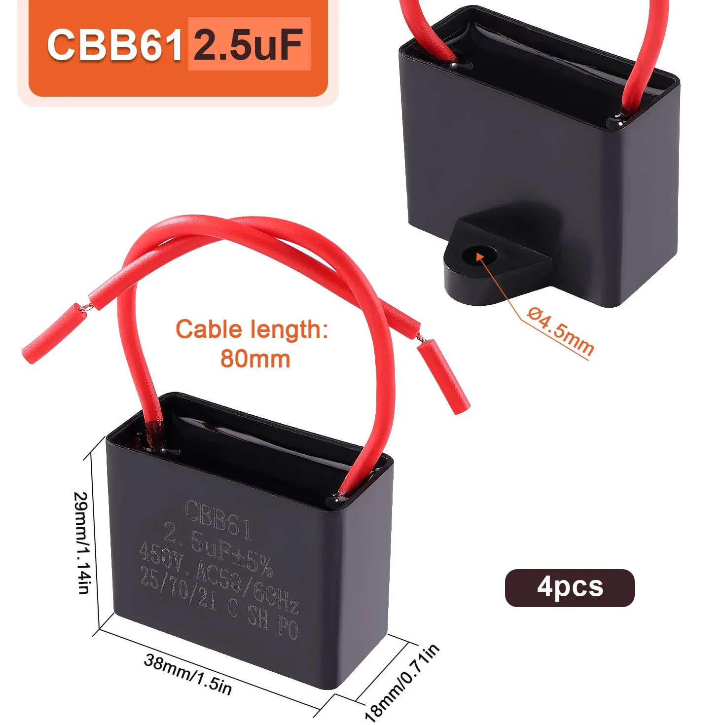 4 Pezzi CBB61 2.5uF 450V AC 50/60Hz Soffitto Ventilatore Condensatore con 2 Fili, Condensatore del Motore del Ventilatore del Condizionatore d'Aria