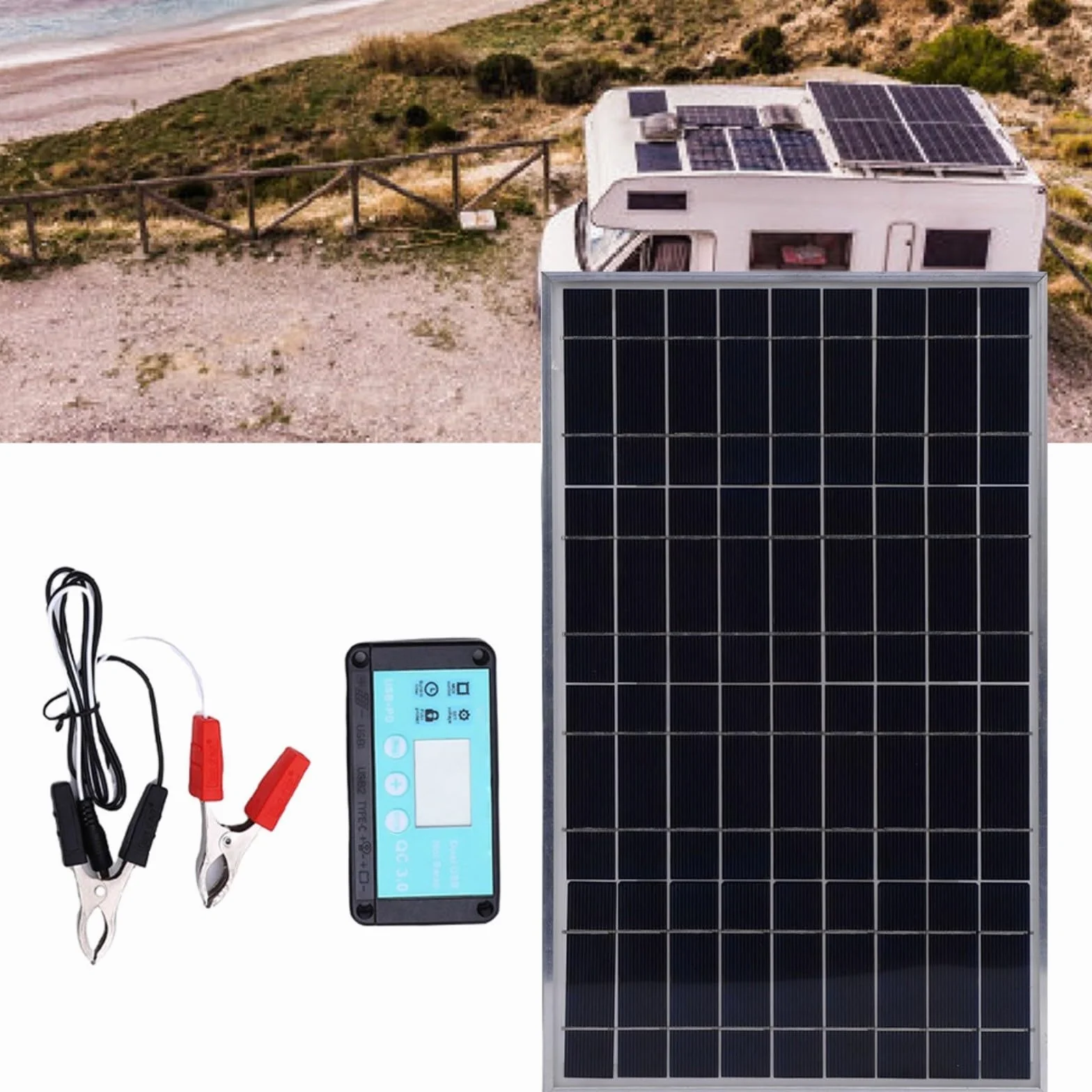 Pannello solare 100 W con regolatore di carica, fotovoltaico resistente alle intemperie con telaio in alluminio, 12 V, 24 V, impianto solare per camper ed esterni