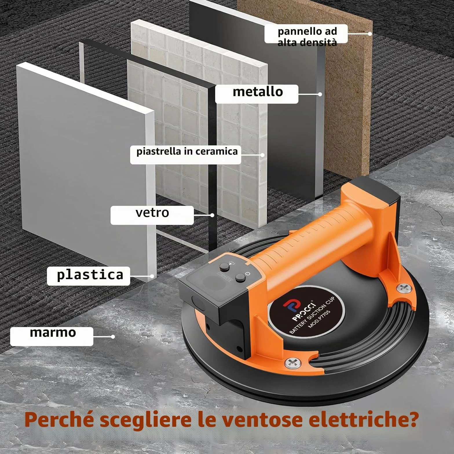 Ventosa a Batteria per Superfici Lisce – 200 KG di Forza di Aspirazione, Display LCD, Batteria 2500 mAh Fino a 7 Ore, Ideale per Piastrelle, Vetro e Marmo
