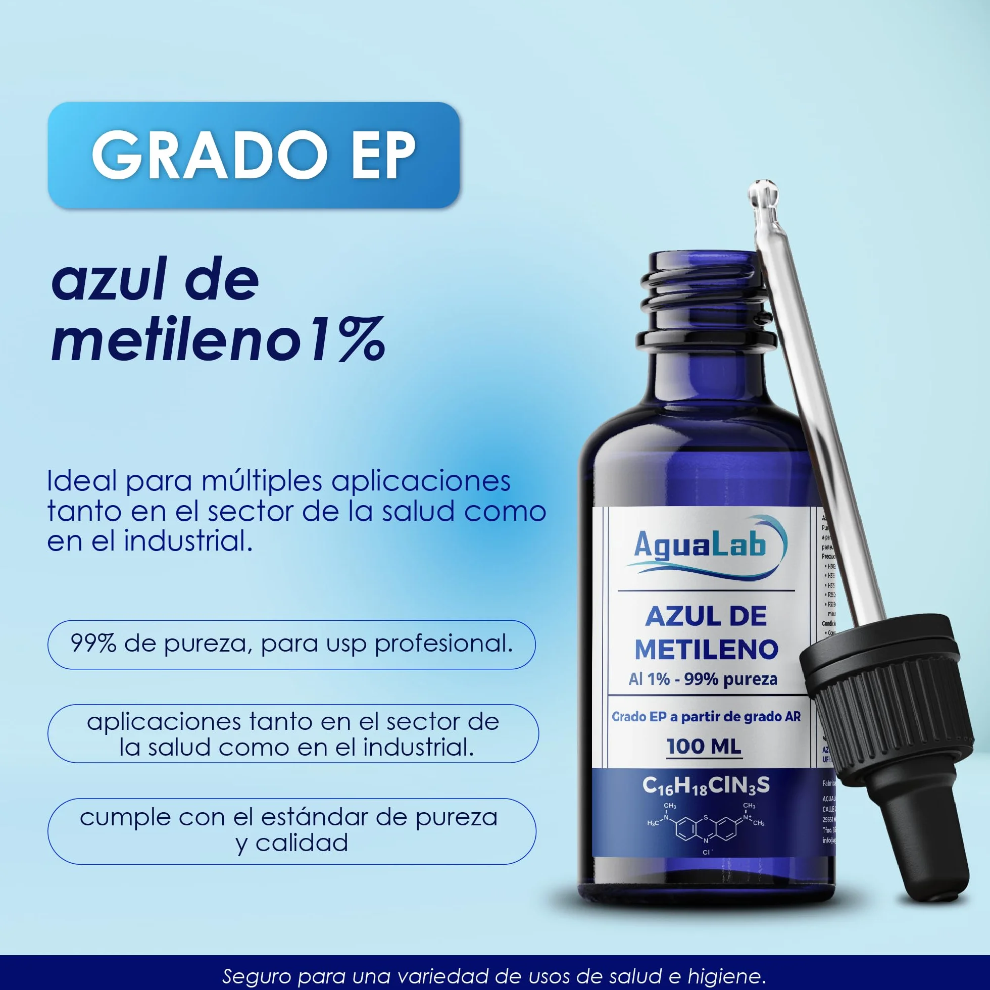 Blu di Metilene 1% Soluzione Grado EP 100 ml Alta Purezza 99% Flacone di Vetro Ambra con Dosatore