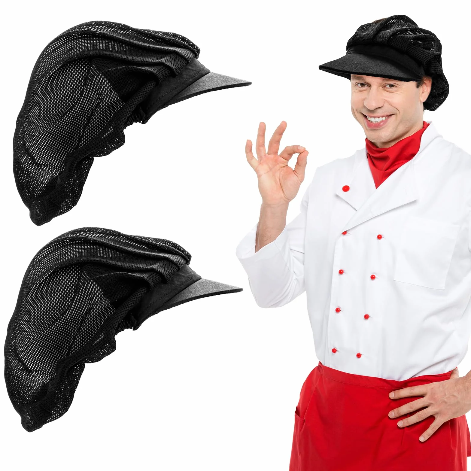 Telooco 2 Pezzi Cappello da Cuoco Regolabile Traspirante Nero con Tesa per Ristorante Chef