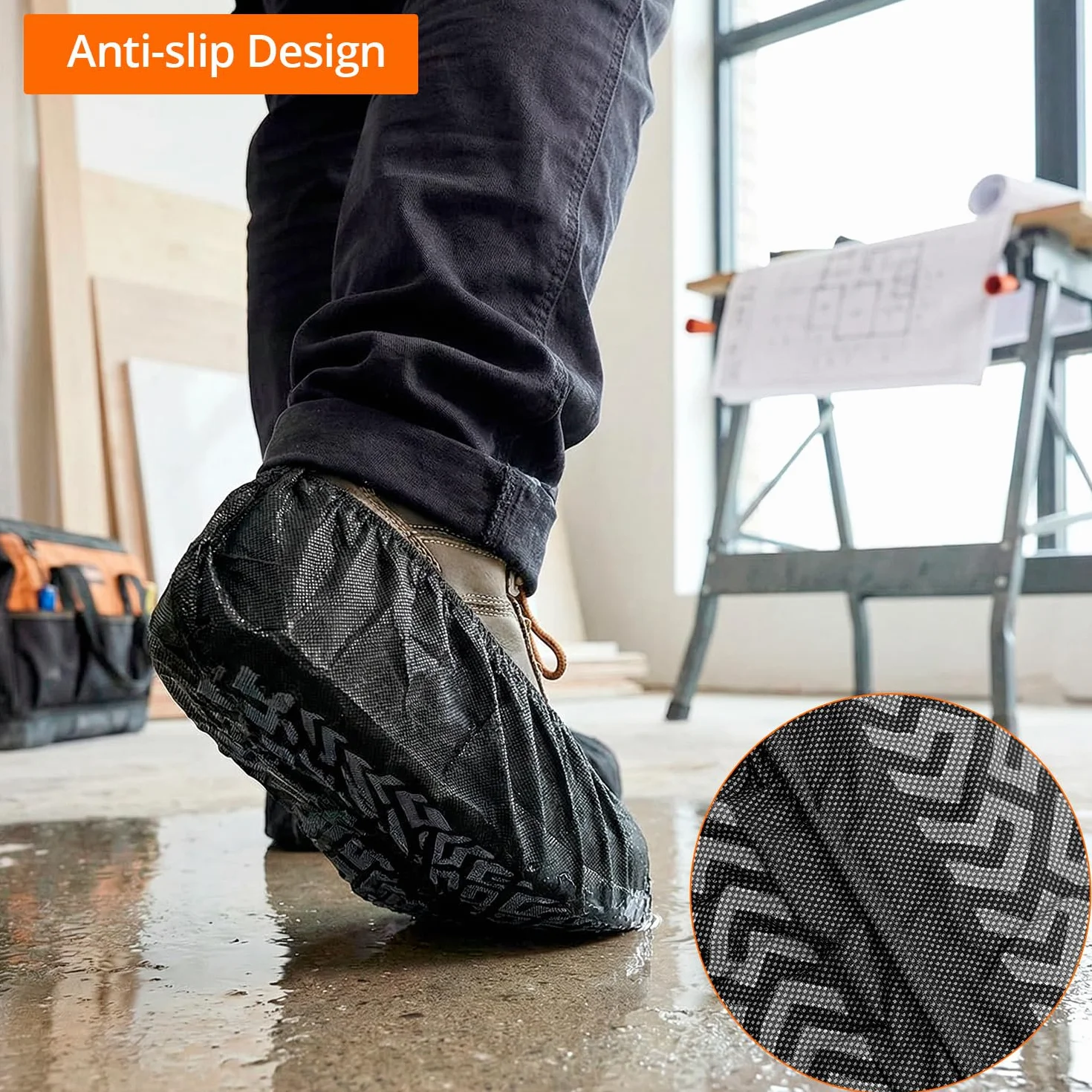 QWORK 100 Pezzi Copriscarpe Monouso Neri XL, Calzari in Tessuto Non Tessuto Suola Antiscivolo