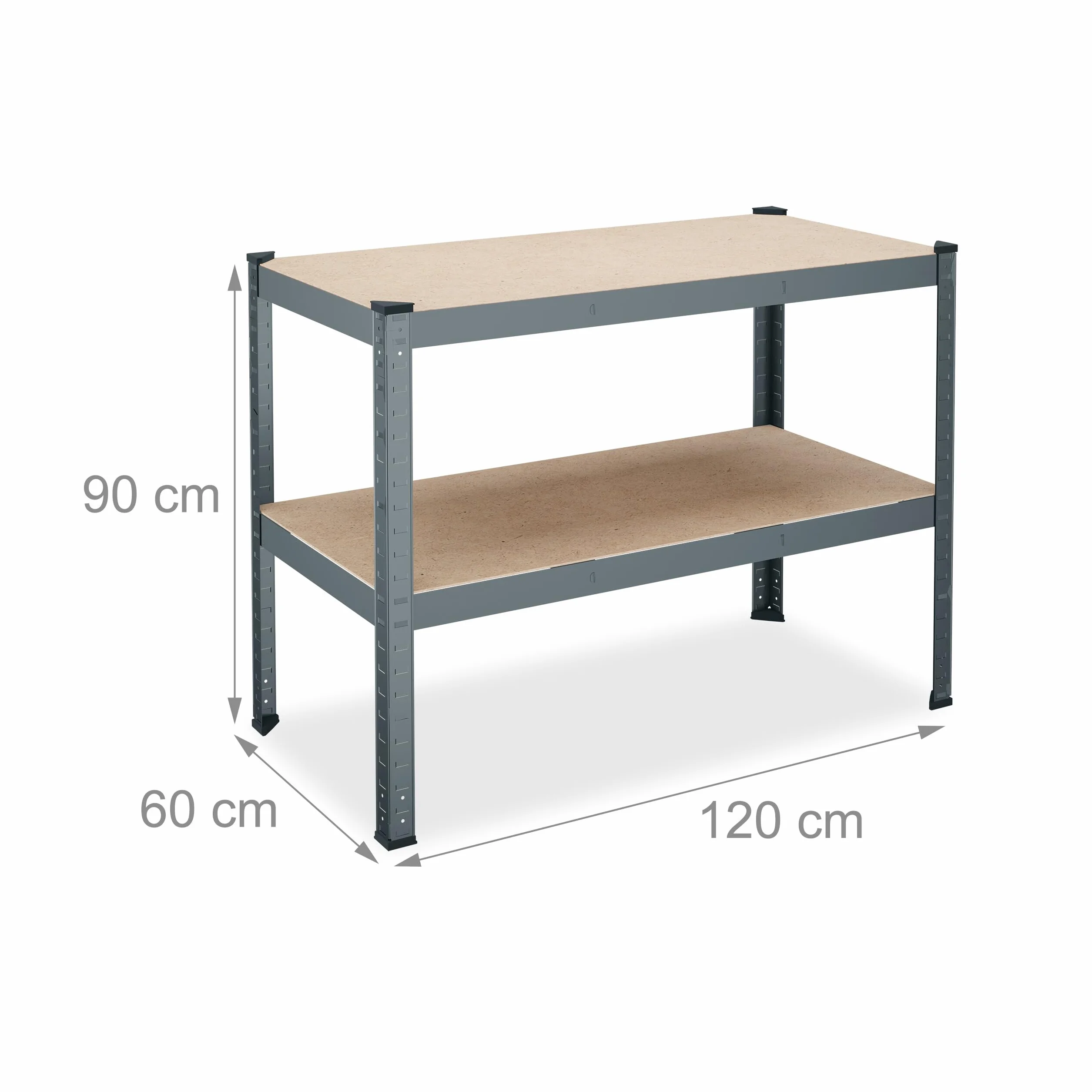 Relaxdays Banco da Lavoro Officina, HxLxP: 90x120x60 cm, 150 kg, Tavolo con 2 Ripiani Regolabili, Acciaio e MDF, Grigio