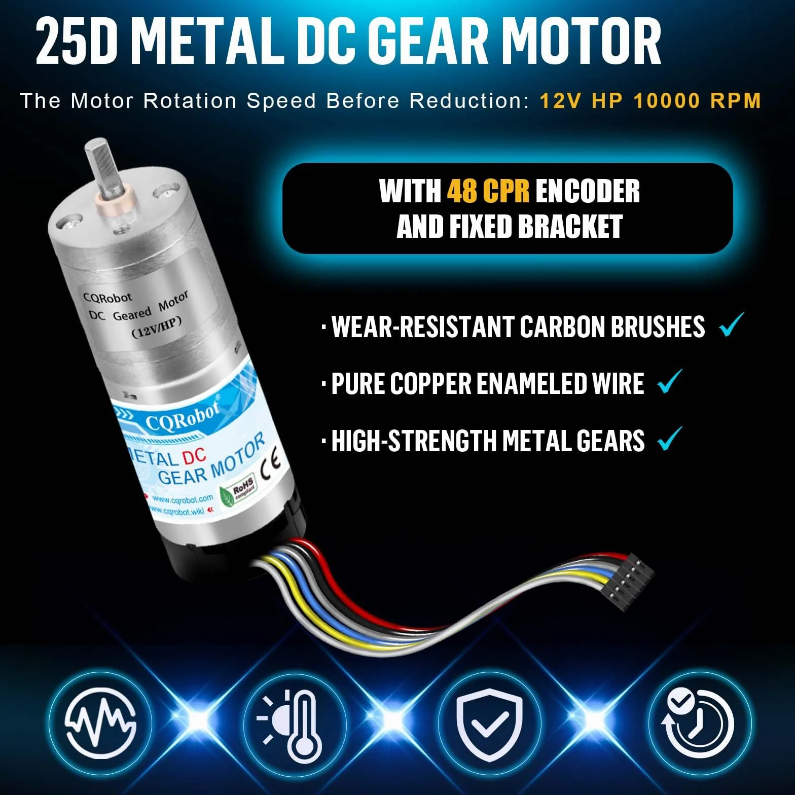 CQRobot 9.68:1 HP Metal DC Geared-Down Motor 25Dx62.5L mm 12W/12V with 48 CPR Encoder and Fix Bracket. 1030 RPM/3.2 kg.cm (44 oz.in), D-Shaped Output Shaft 4 mm/12.5 mm (Diameter/Length).