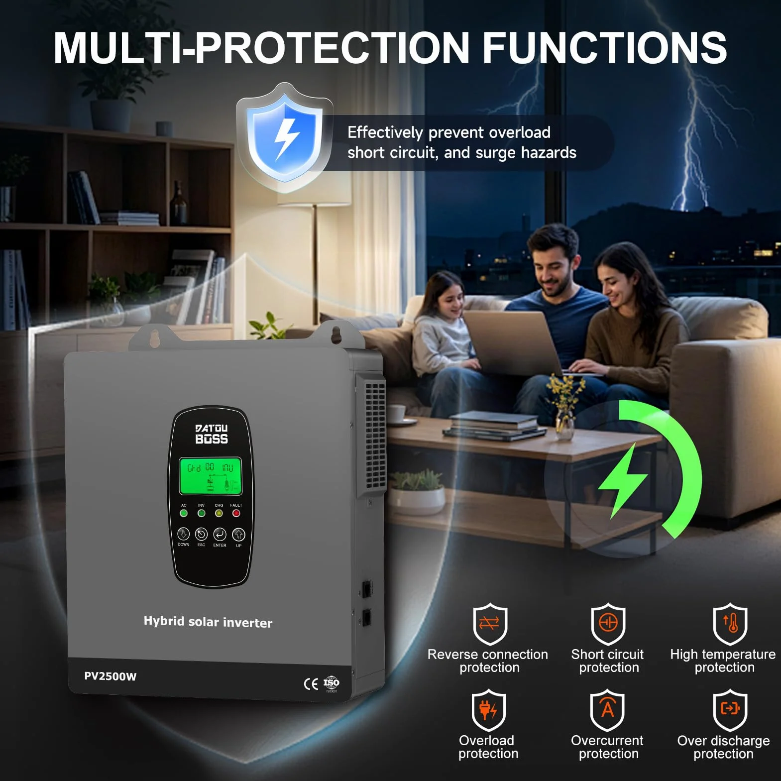 DATOUBOSS Inverter Ibrido Solare 1800W 12V Onda Sinusoidale Pura, Inverter 12V a 220V/230V AC con Regolatore di Carica Solare MPPT, Sistema di Protezione BMS, per Batterie al Litio (12V-1800W)