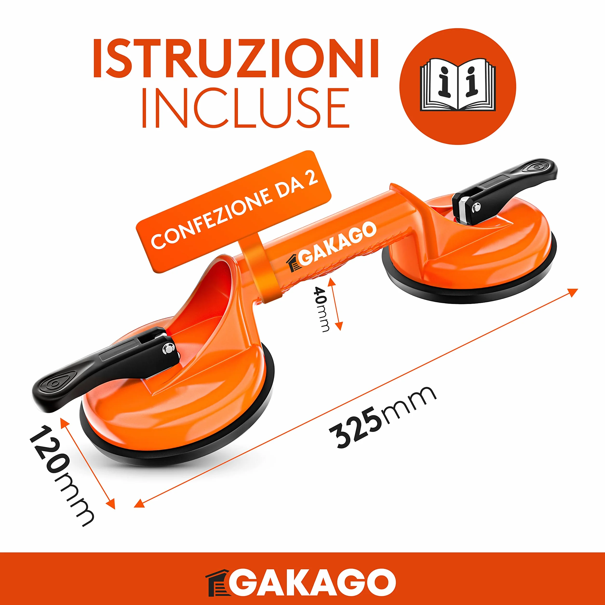 Gakago Sollevatore a ventosa (confezione da 2) - Maniglie di aspirazione ergonomiche e antiscivolo - Sollevatore a vuoto con portata di 120kg per il trasporto di piastrelle, laminato, vetri e finestre