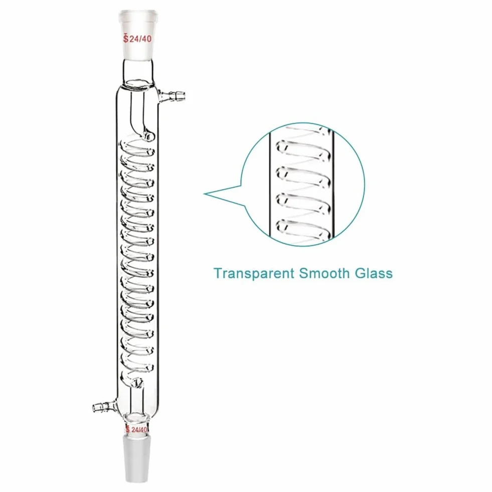 Condensatore in vetro borosilicato con raccordo 24/40, lunghezza giacca da 300 mm, tubo condensatore a serpentina, facile da installare