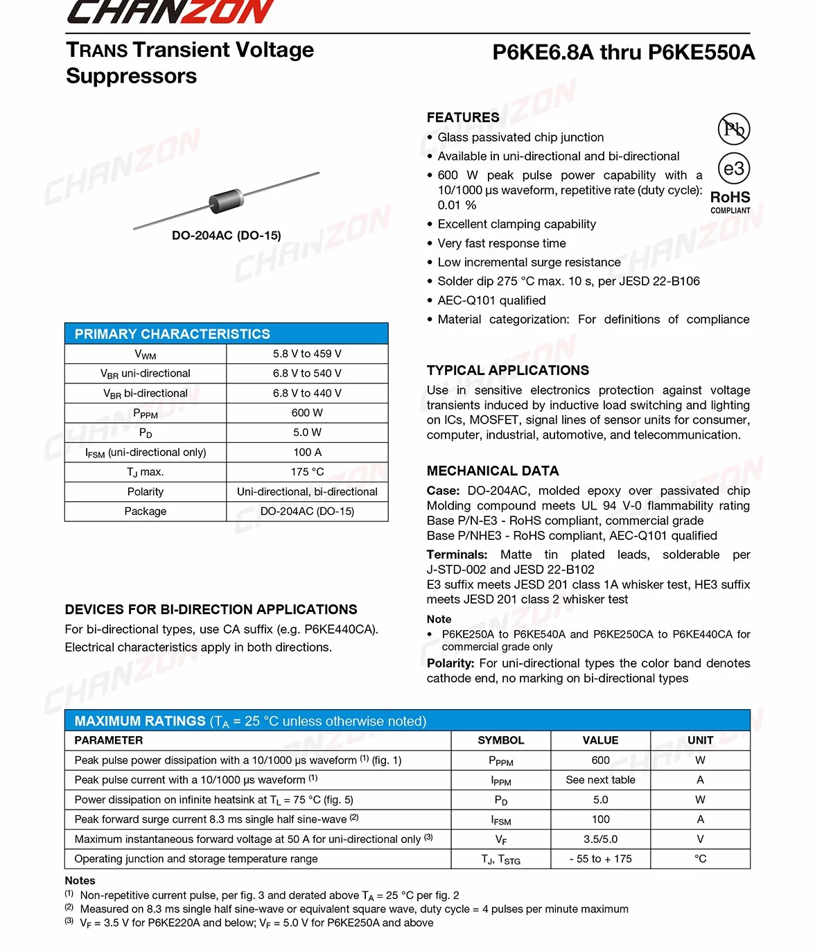 Chanzon P6KE200A TVS Diode 600W 200V DO-15 Canale Unidirezionale Assiale