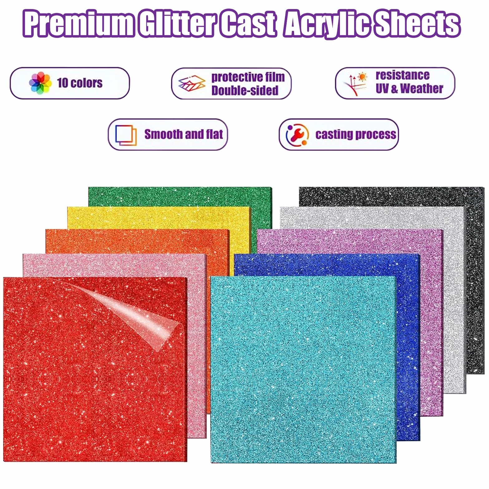 Fogli acrilici glitterati per taglio laser, 10 pezzi, 8 x 8 in 1/8 "-3 mm, in plastica fusa, per artigianato, incisione, segni, tag per animali domestici, fai da te