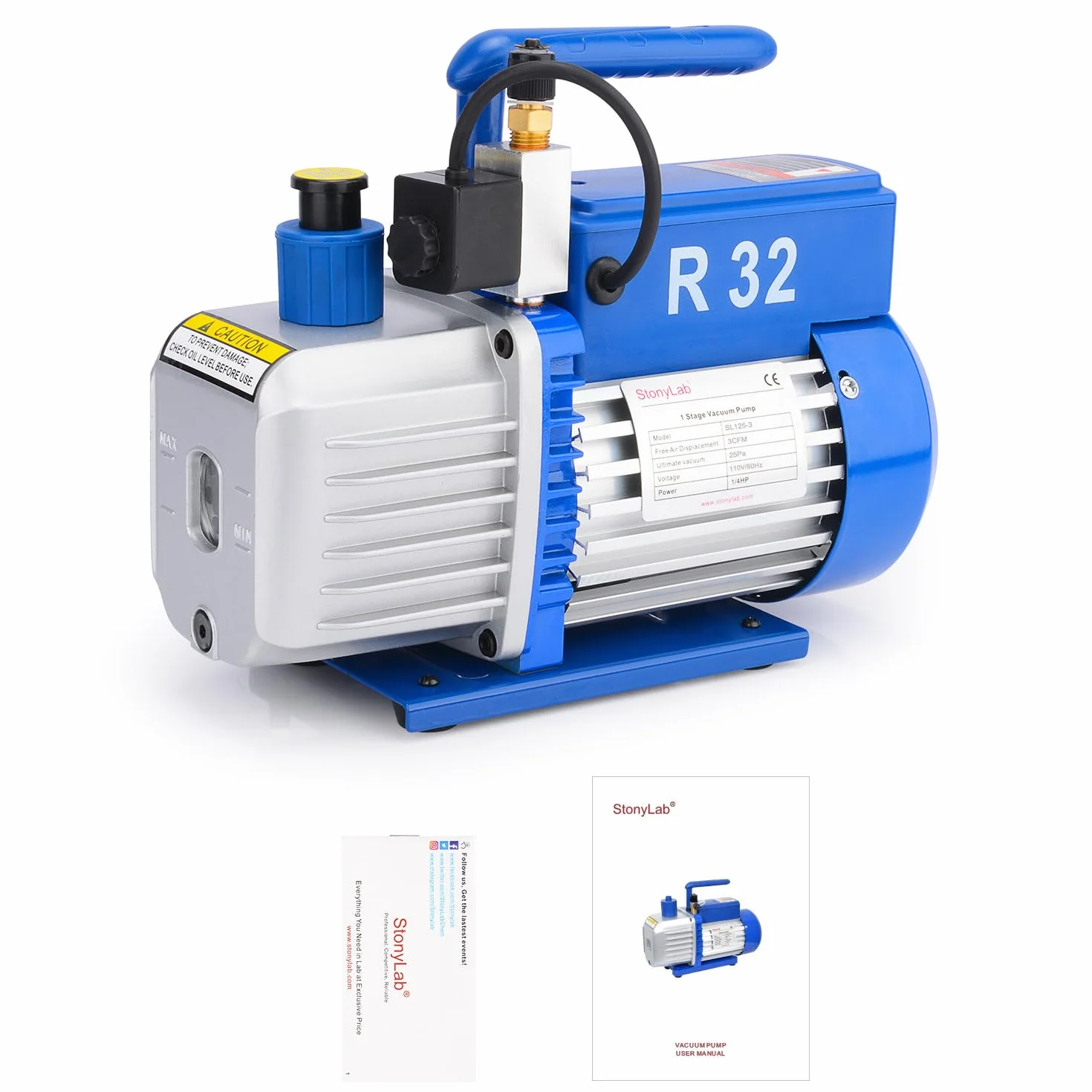 stonylab Pompa per Vuoto Rotativa a Palette, 3,5 CFM 25-30 Pa ¼ Pompa per Vuoto Compatta Monostadio HP con Elettrovalvola per Strumento Aria Refrigerante HVAC AC