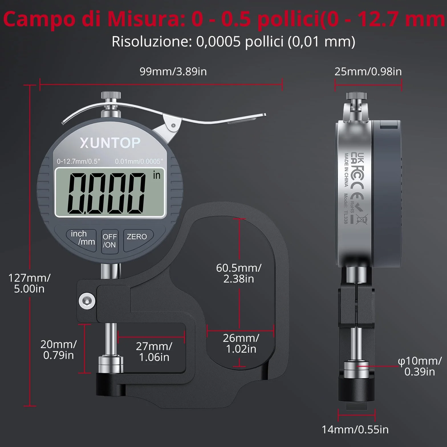 Spessimetro Digitale 0-12,7mm 0,01mm Display LCD Calibro Elettronico con Auto-Spegnimento