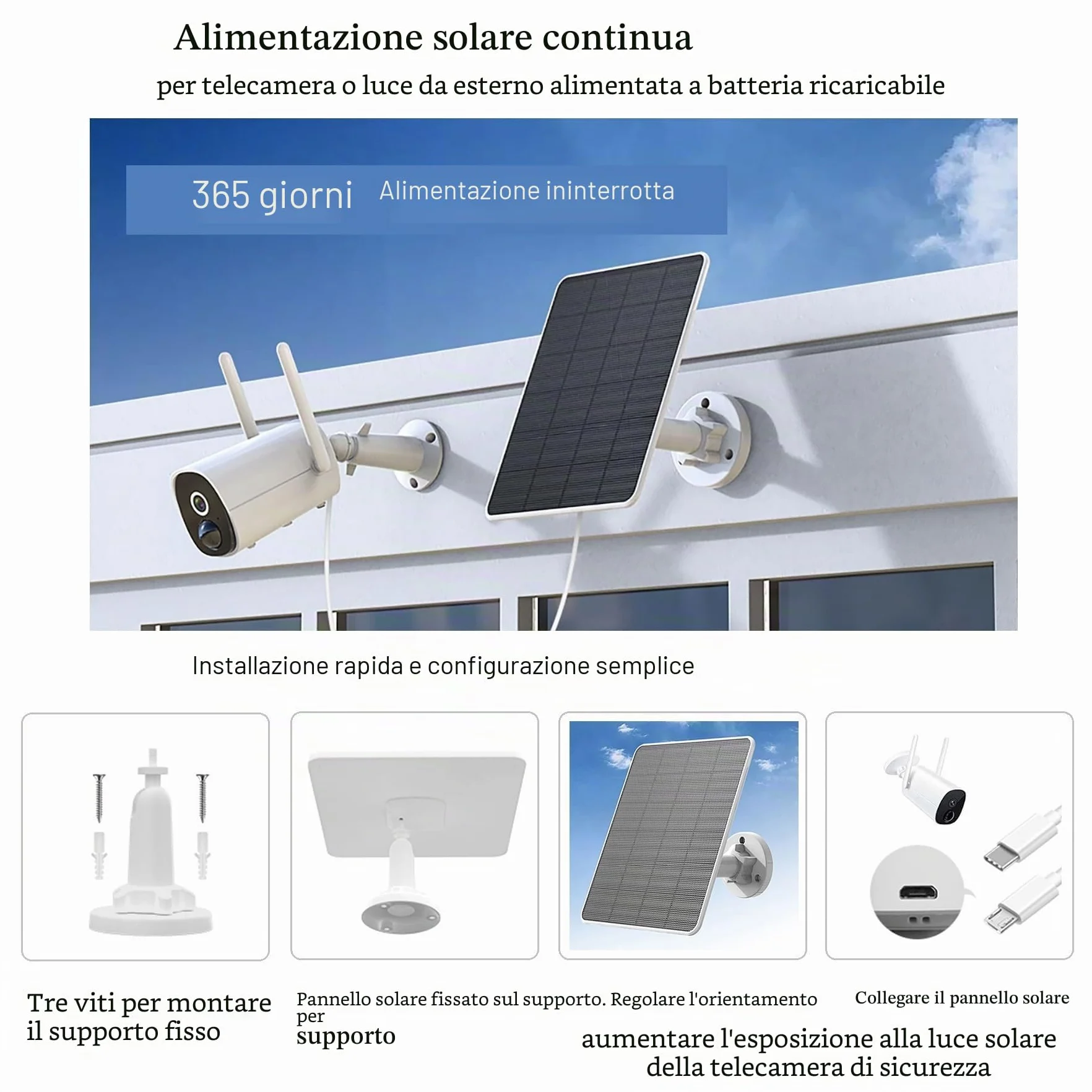 Pannello Solare da 6W per Telecamera di Sorveglianza,Pannello Solare USB per Telecamera di Sicurezza DC 5V a Batteria Ricaricabile,Campanello e Illuminazione Esterna cavo IP65 da 3m,Staffa Regolabile