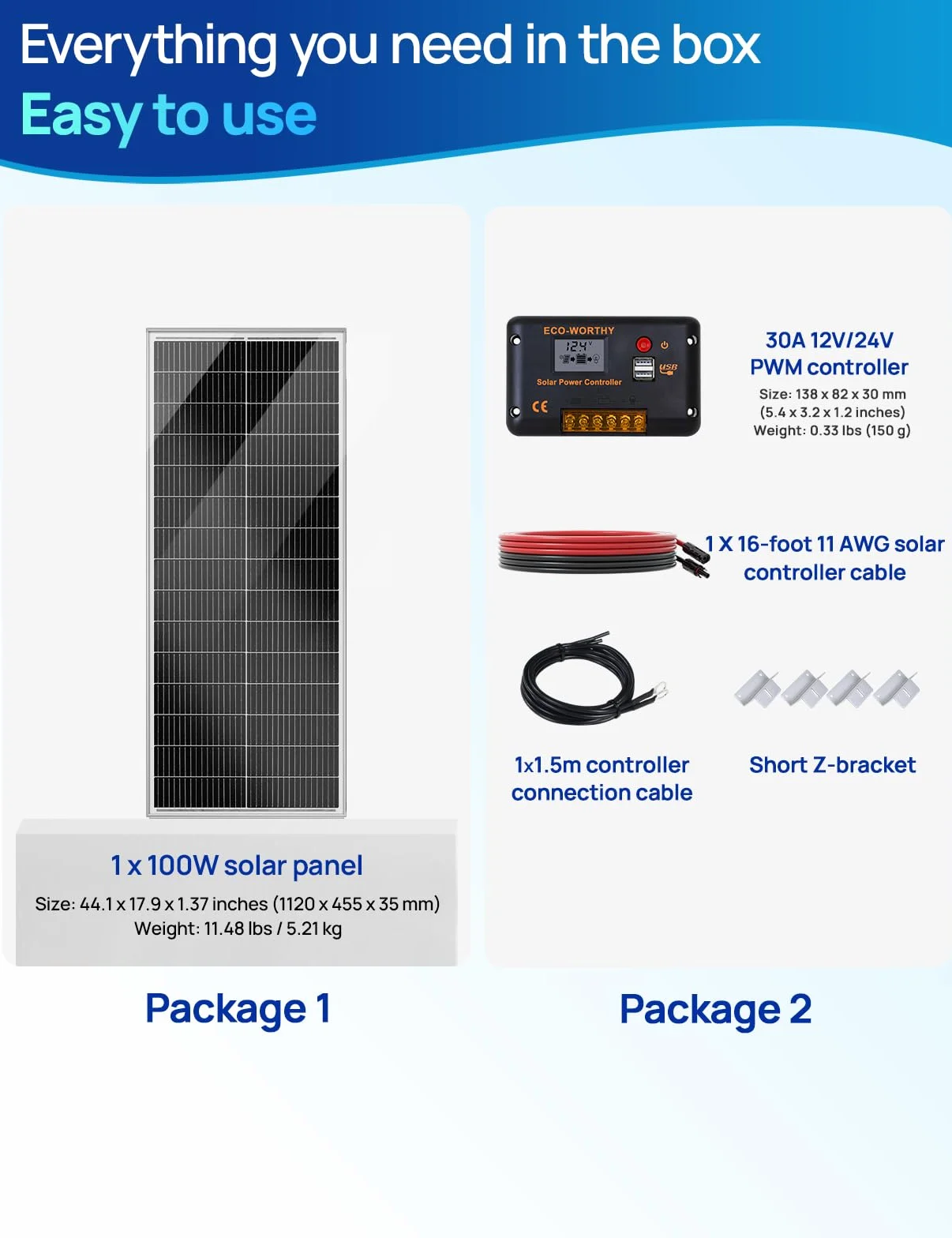 ECO-WORTHY Kit Pannello Solare 100 W 12 V, 100 W Pannello Solare 18 BB Tipo N, Efficienza 25% con Regolatore di Carica 30 A, Adatto per Camper, Barche e Sistemi Solare