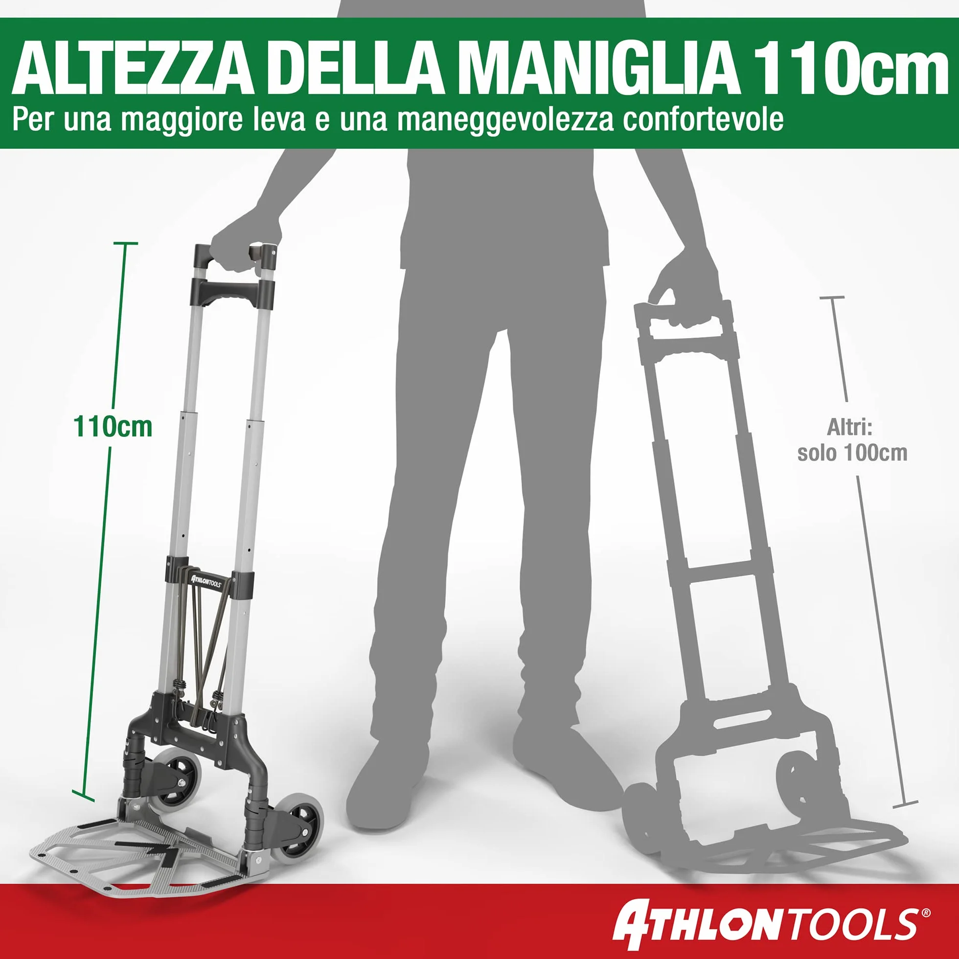 ATHLONTOOLS Carrello Trasporto Pieghevole in Alluminio 70 kg TÜV GS-certificato– Carrello Portapacchi con Ruote Silenziose, Manico Telescopico 110 cm, Cuscinetti Antiscivolo e 2 Corde Elastich