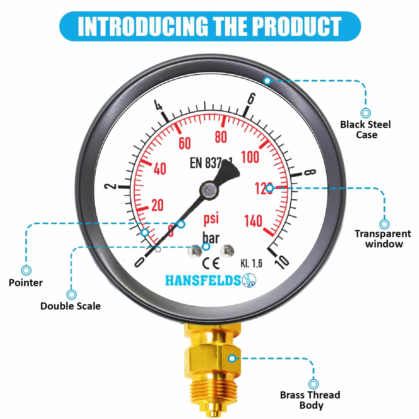 Manometro Hansfeld, a secco, 0–10 bar, 63 mm BSP, attacco inferiore, finestra in vetro, interno e attacco in ottone, doppia scala bar/psi.