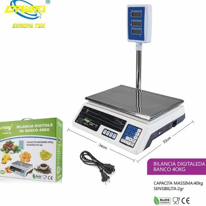 Bilancia Elettronica Digitale da Banco 40 kg 200 gr, Sensibilità 2 gr, Display LCD, Funzione Tara, Piatto Acciaio