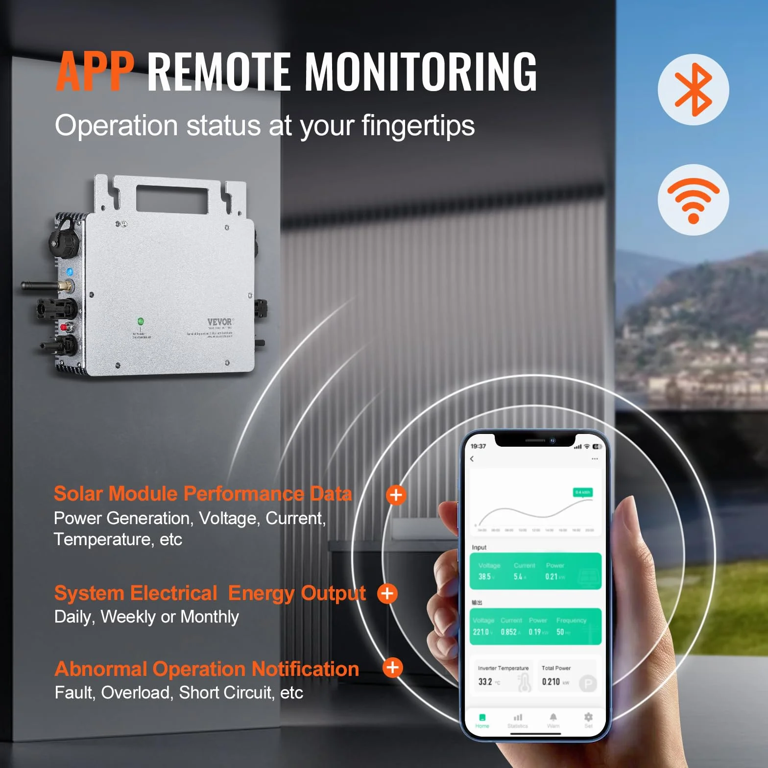 VEVOR Micro inverter collegamento alla rete solare, 800W, IP65 Impermeabile alla rete solare DC18-50V Tensione di esercizio con cavo di alimentazione antenna WiFi APP, per sistemi di pannelli solari