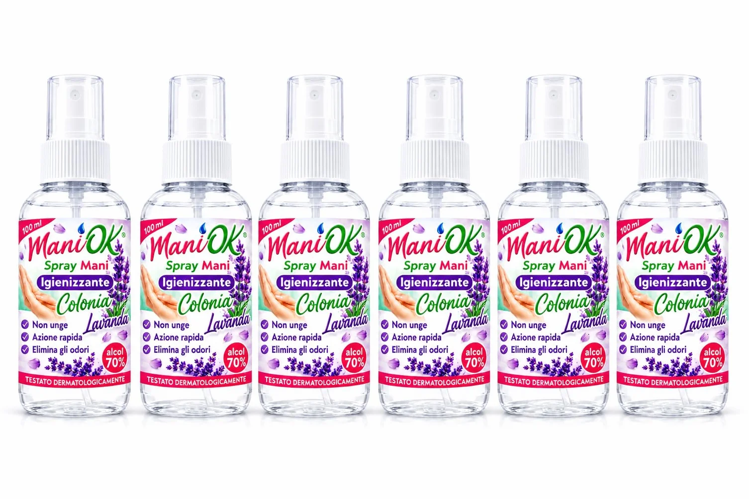 Spray Mani Igienizzante Lavanda, Spray Disinfettante Mani con Alcol 70%, Azione Rapida, Elimina Odori, Asciugatura Veloce, Dermatologicamente Testato - 6 Unita da 100ml