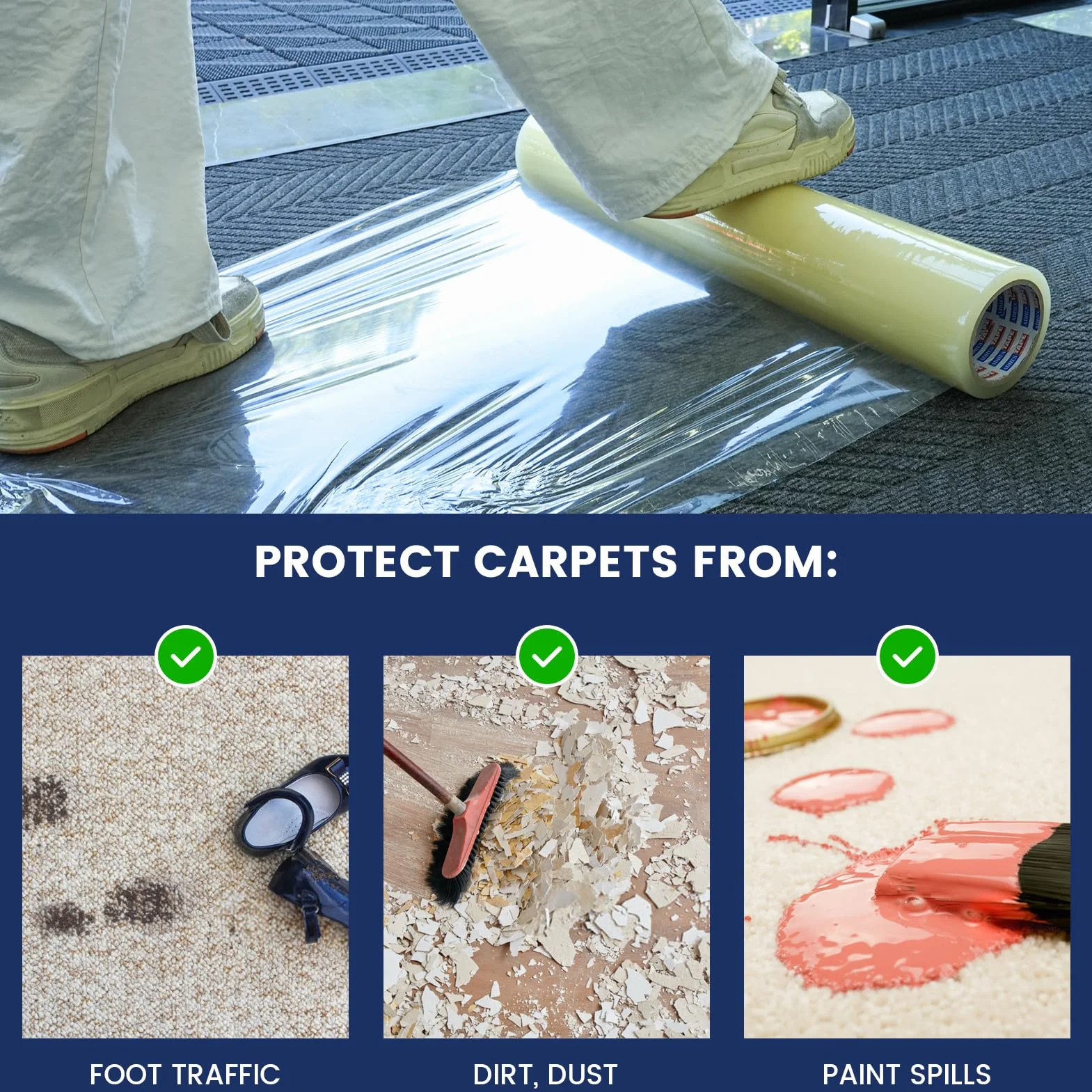 ADHES Pellicola Protettiva Per In Moquette, 60 CM X 61 M, Trasparente Autoadesiva, Antipolvere Pellicola Protettiva Temporanea In Plastica, Resistente All'Acqua