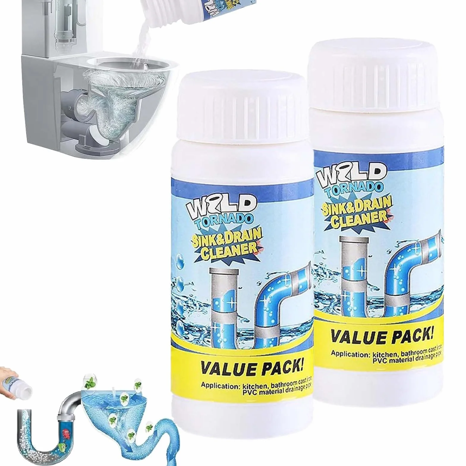 Vollstern - Detergente per scarichi, Value Pack per tubi, altamente efficace, con schiuma attiva, per cucina, bagno, toilette e balcone (110 g per bottiglia) (2 pezzi)