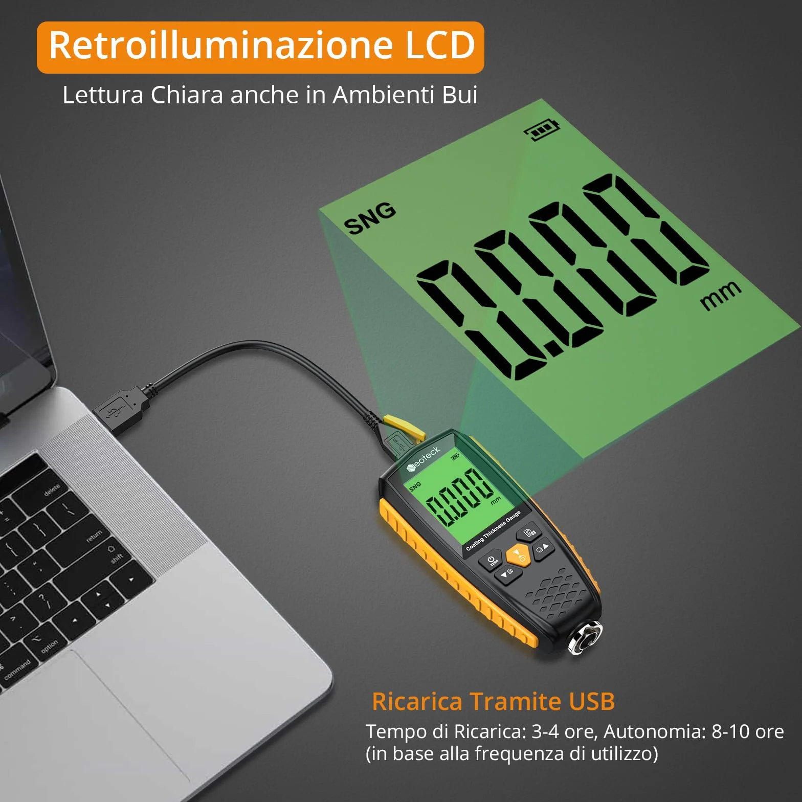 Neoteck Misuratore di Spessore Vernice 0-1300um Spessimetro LCD Retroilluminazione Auto Spegnimento Automatico