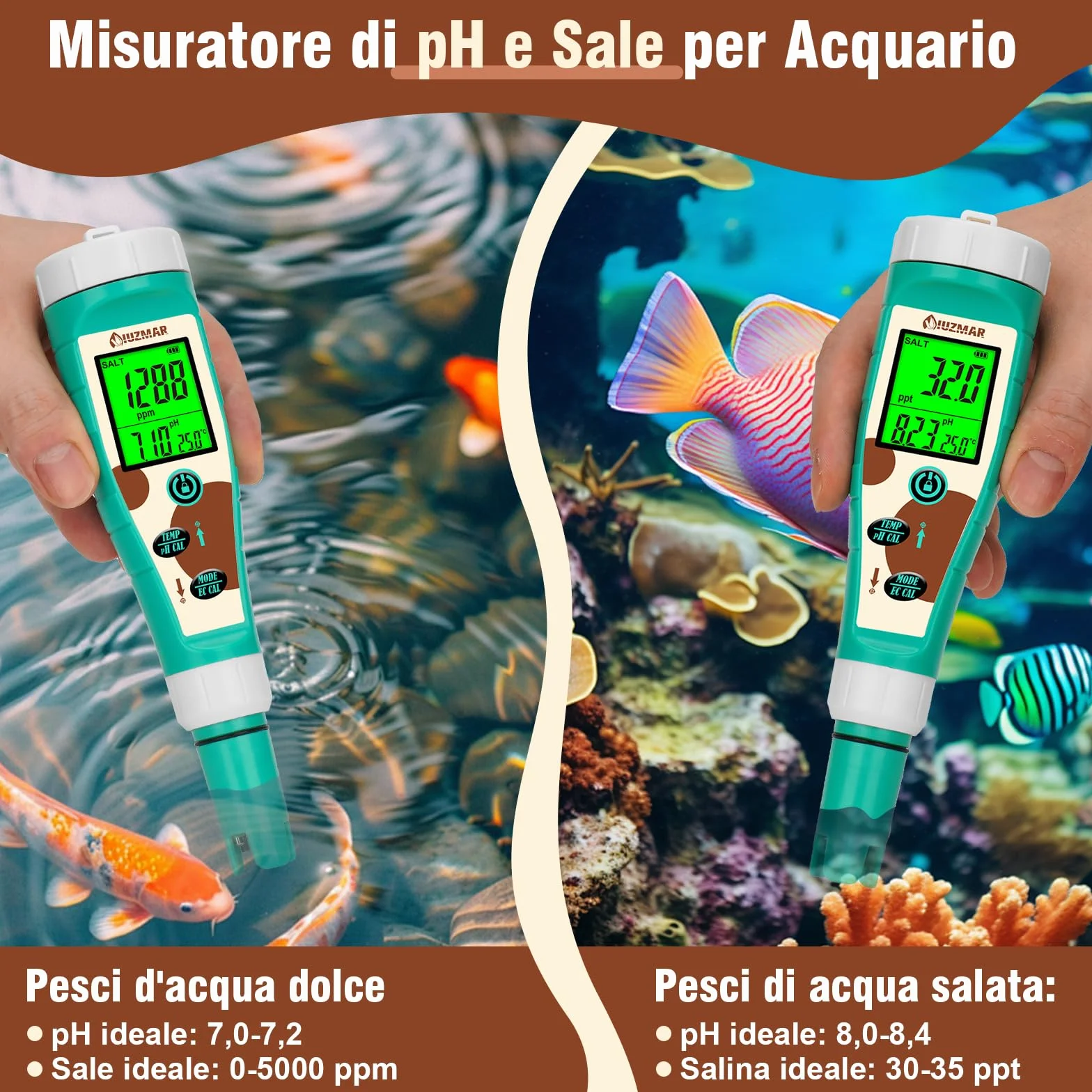 UIUZMAR Misuratore di pH e Sale cloro per piscina, Tester di pH e ORP per Idrogeno per Acqua Potabile, 8 in 1 pH, Sale, Cloro, H2, ORP, EC, TDS, Temperatura per Idroponica, Acquario