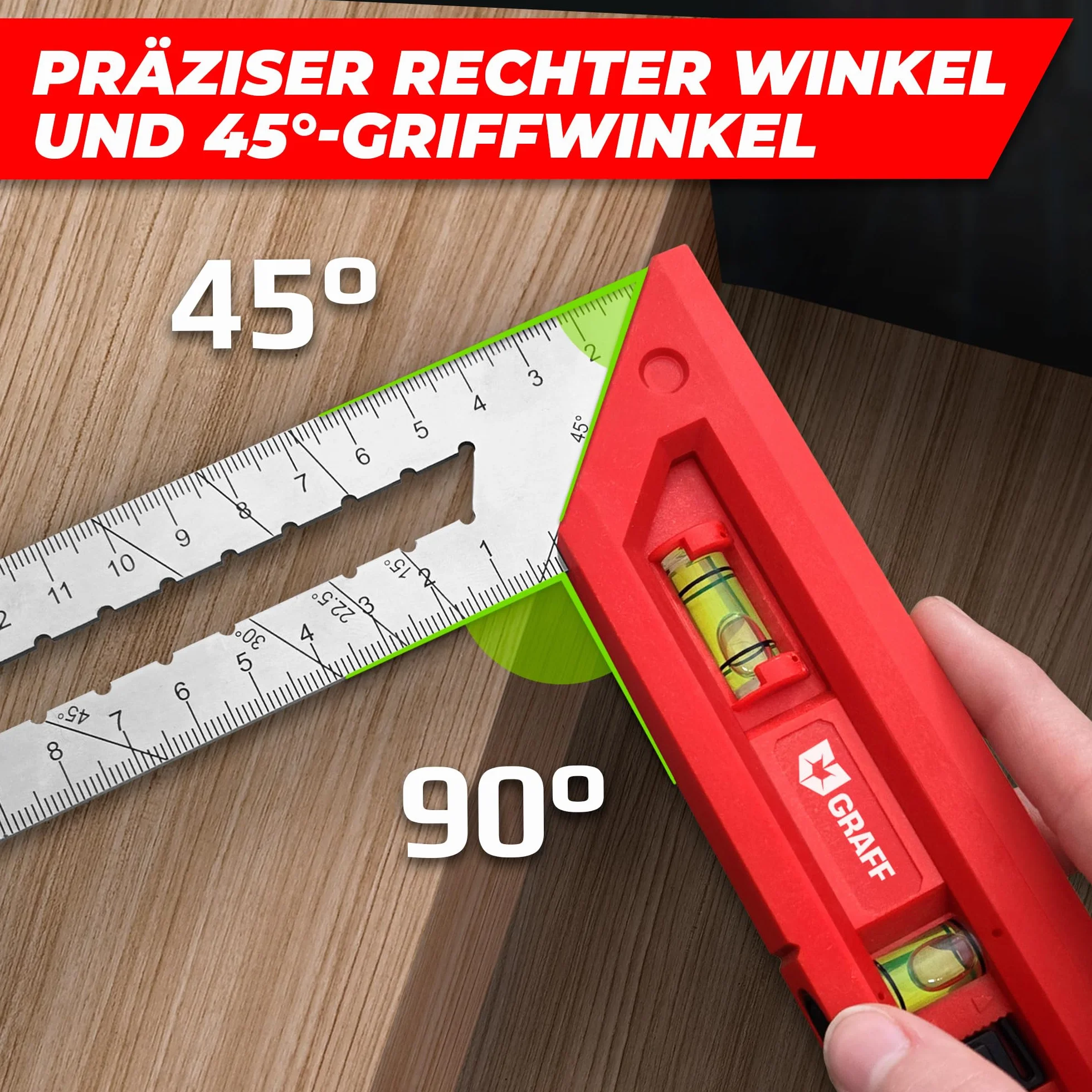GRAFF Squadra da falegname 300 mm 90°/45° doppia livella a bolla acciaio inox