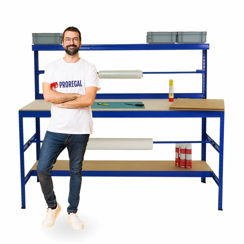 PROREGAL Tavolo da imballaggio Tiger | Portata 300 kg | AxLxP 150x180x75 cm | Blu
