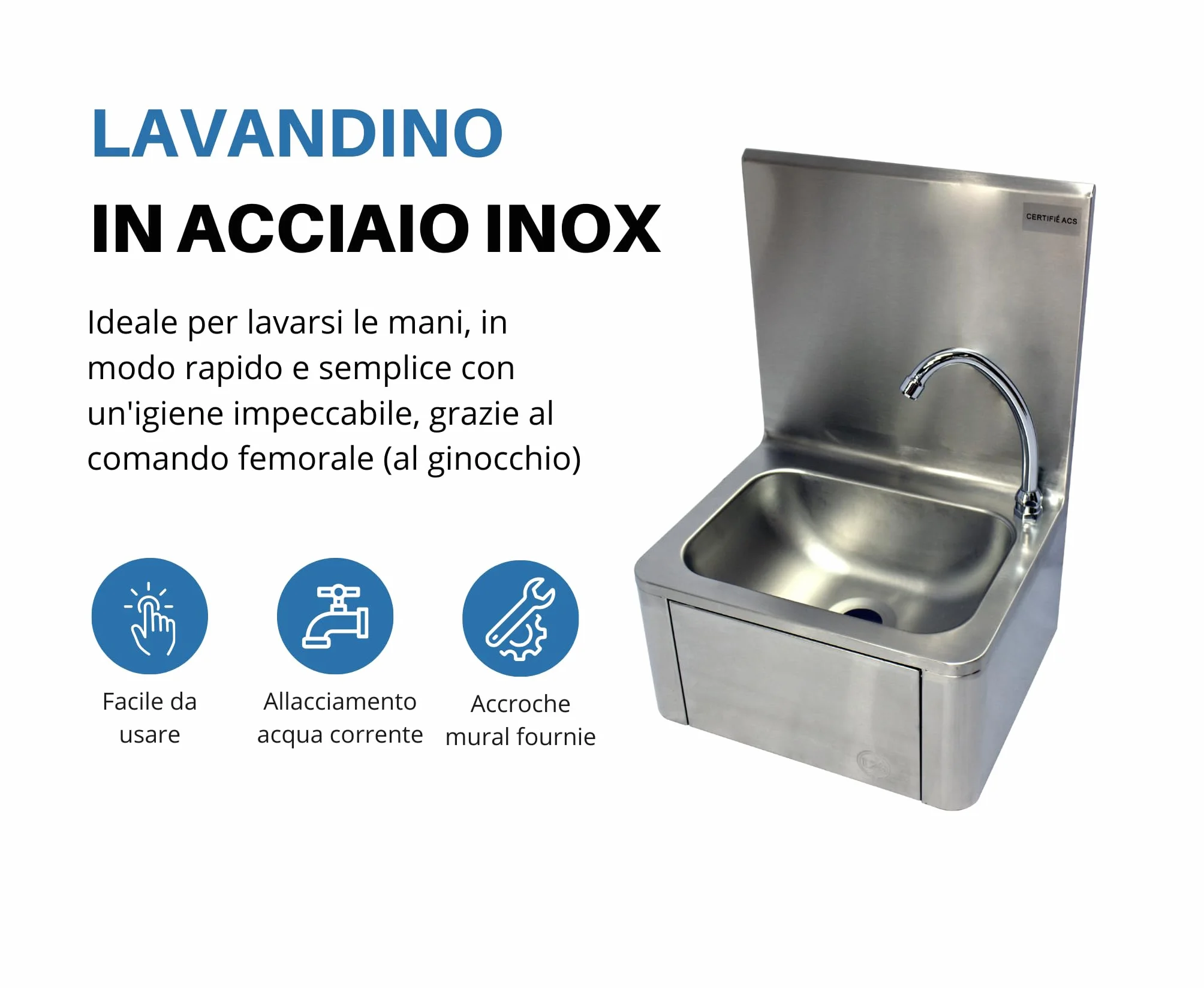 L2G - Lavamani da parete a ginocchio - Lavello piccolo in acciaio inox con miscelatore per acqua calda e fredda - Da parete - 40 x 34 x 56 cm