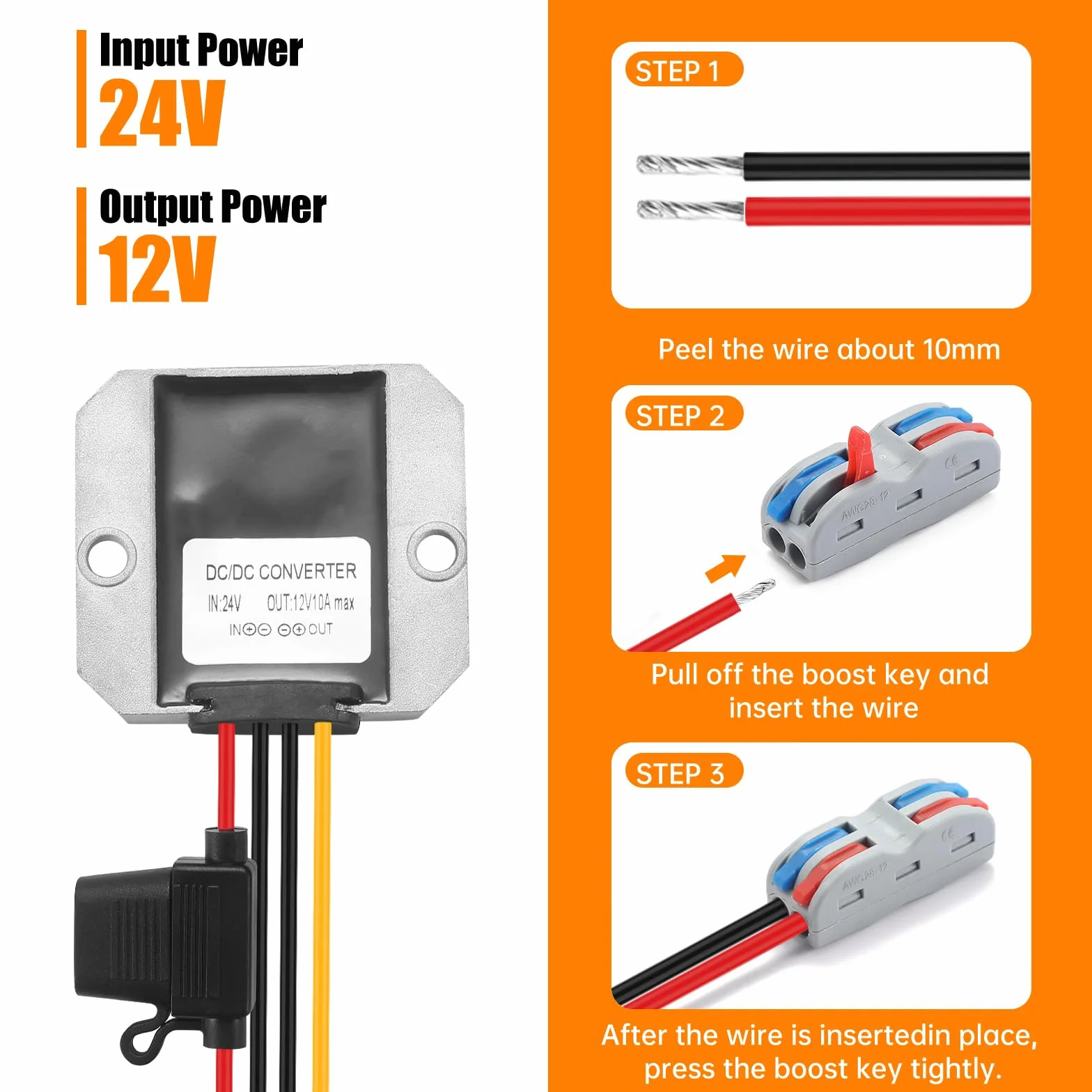 DC 24V a 12V 10A 120W Power Converter, 24V a 12V DC/DC Buck Regulator con morsettiera, sicuro, impermeabile, protezione da cortocircuito e sovracorrente per auto, strumentazione e molto