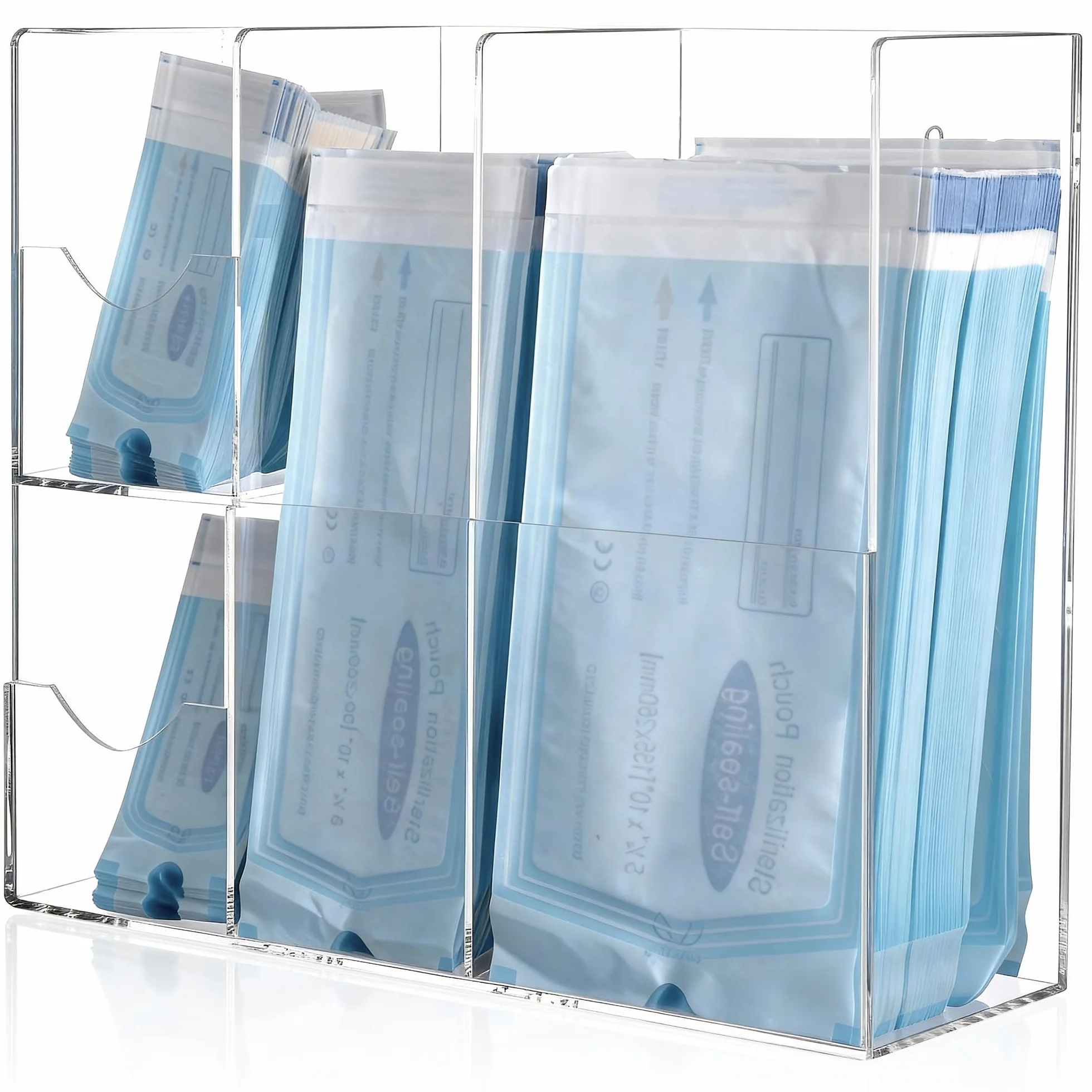 Dispenser per sterilizzazione in acrilico – 4 scomparti da parete per autoclave sacchetti organizer per cliniche dentali, veterinari e saloni di bellezza, trasparente – 34,8 x 11,5 x 30 cm