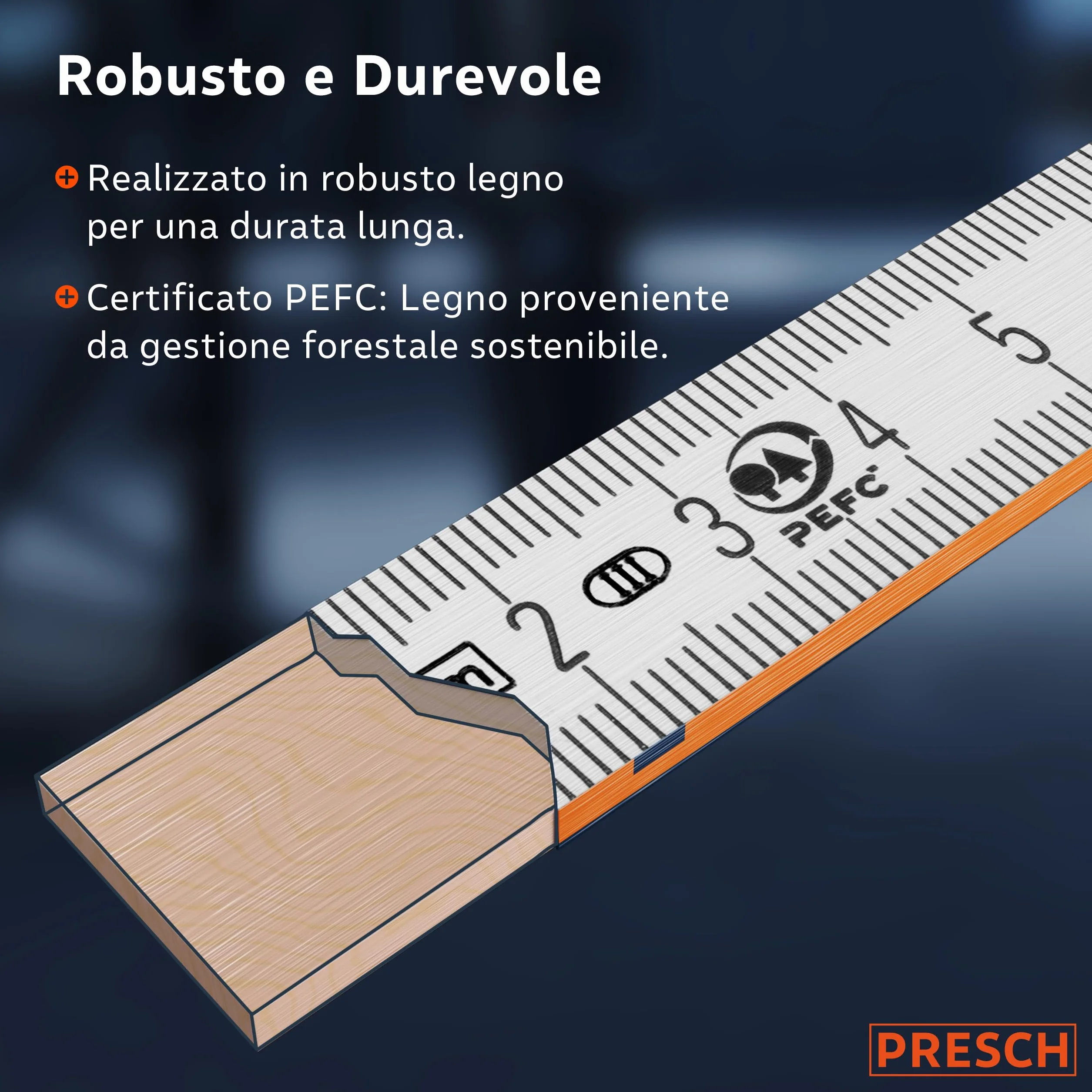 Presch Metro Pieghevole da 3 Metri con Scala degli Angoli - Legno Arancione - Numeri Grandi - Metro Righello con Motivo Strumenti