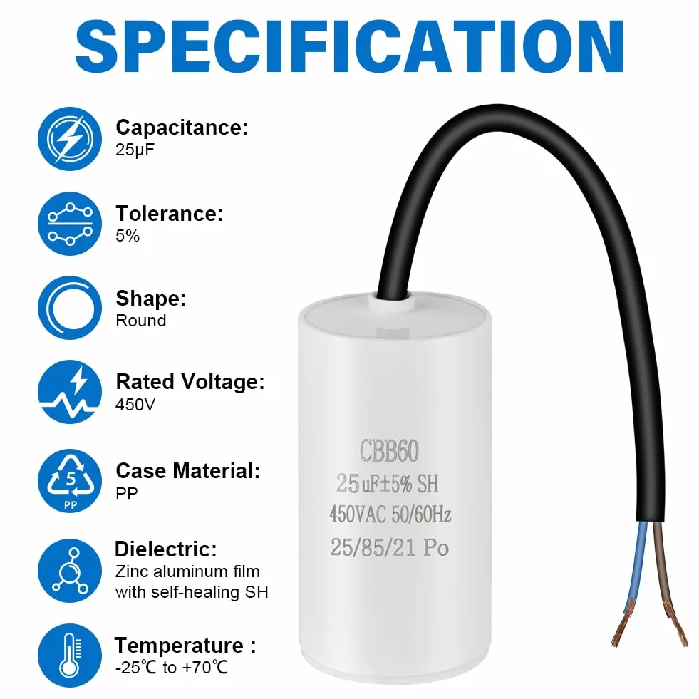 OFFCUP CBB60 Condensatore di Avviamento 25μF 450VAC 50/60Hz Universale