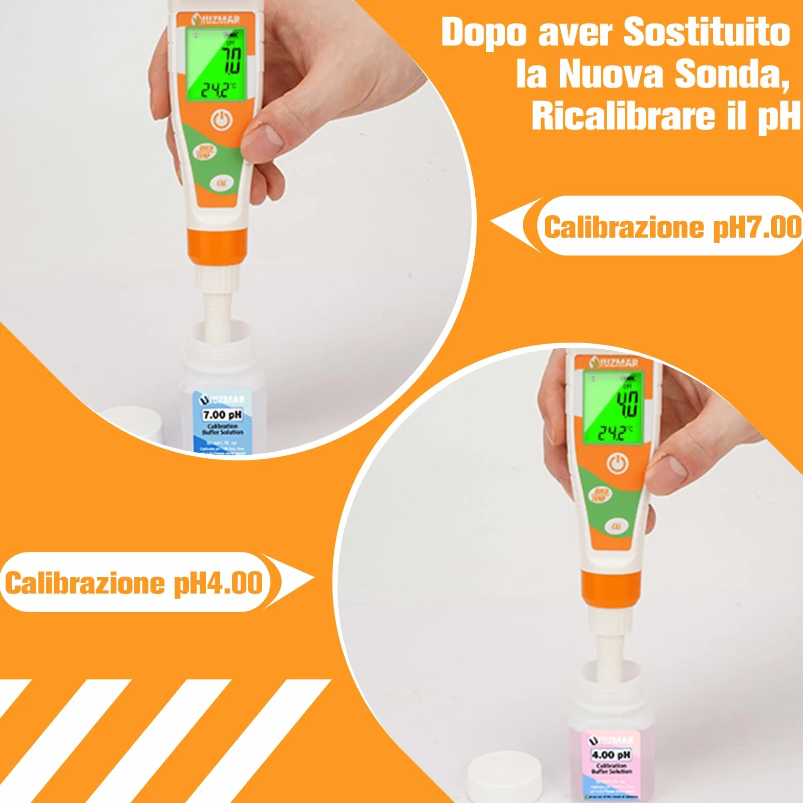 UIUZMAR Sonda pH Sostitutiva e Soluzione di Calibrazione del pHmetro (4,00 e 7,00) per Misuratore di pH Alimentare UIUZMAR, Elettrodo pH Sostituibile