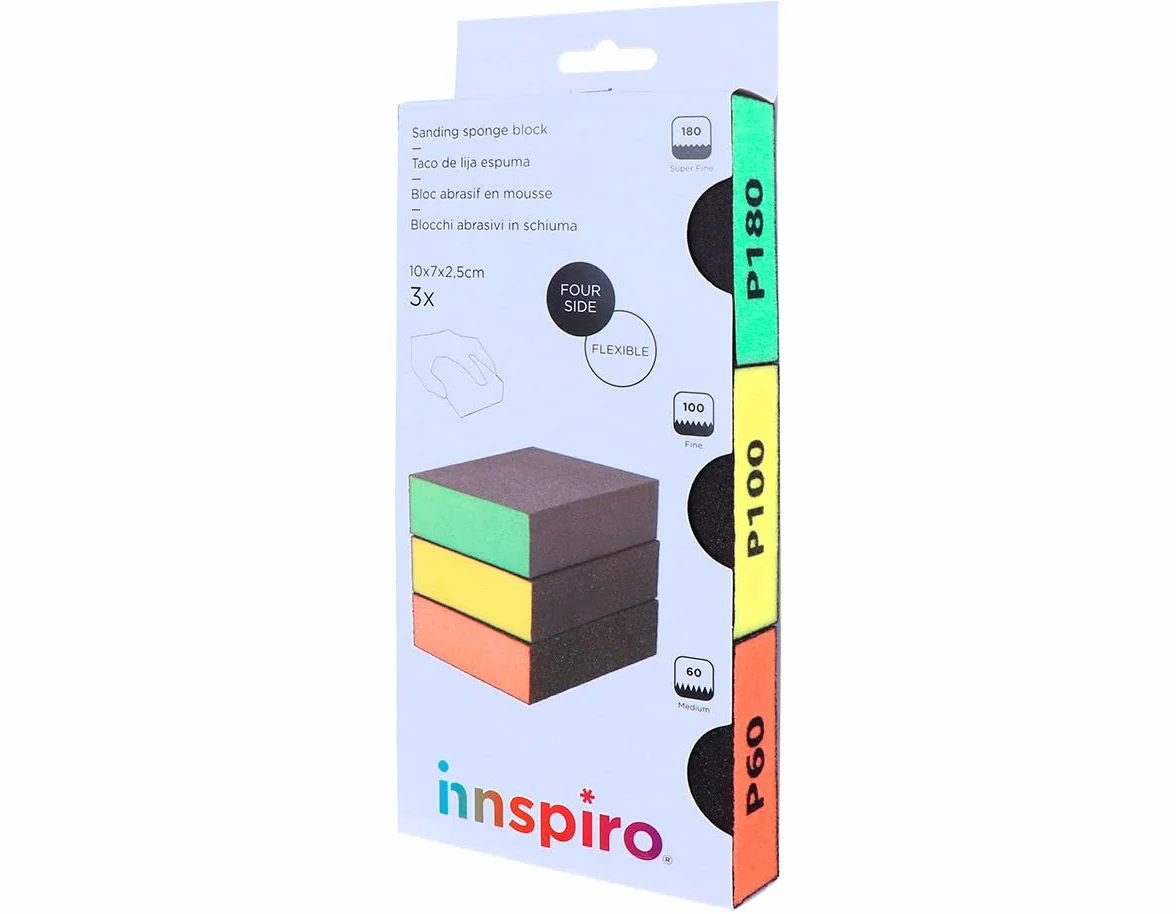 INNSPIRO Set mix 3 tasselli abrasivi schiuma flessibile grana superfine, fine e media 10 x 7 x 2,5 cm.