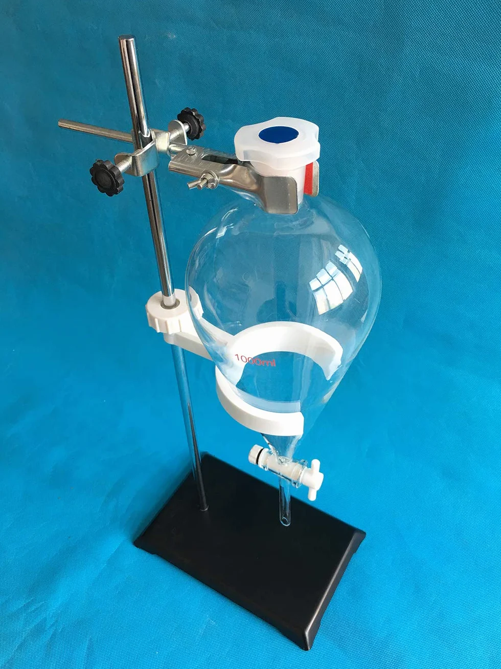 EBT2 - Set di imbuto separatorio in vetro, 1000 ml, rubinetto in PTFE con supporto in acciaio, morsetto e supporto in PP