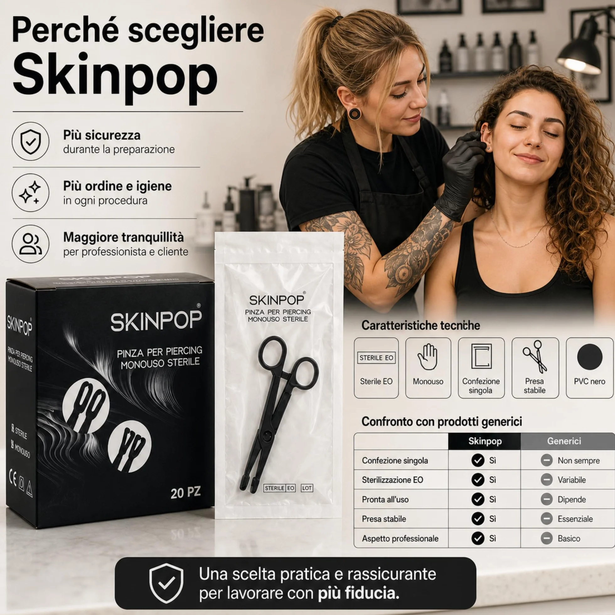 Pinza per Piercing Monouso con Forma Ovale - DELICATA e RASSICURANTE - Pinze in PVC Sterilizzata E.O. Gas - Confezione Singola - Presa STABILE per Prima Foratura e Body Piercing