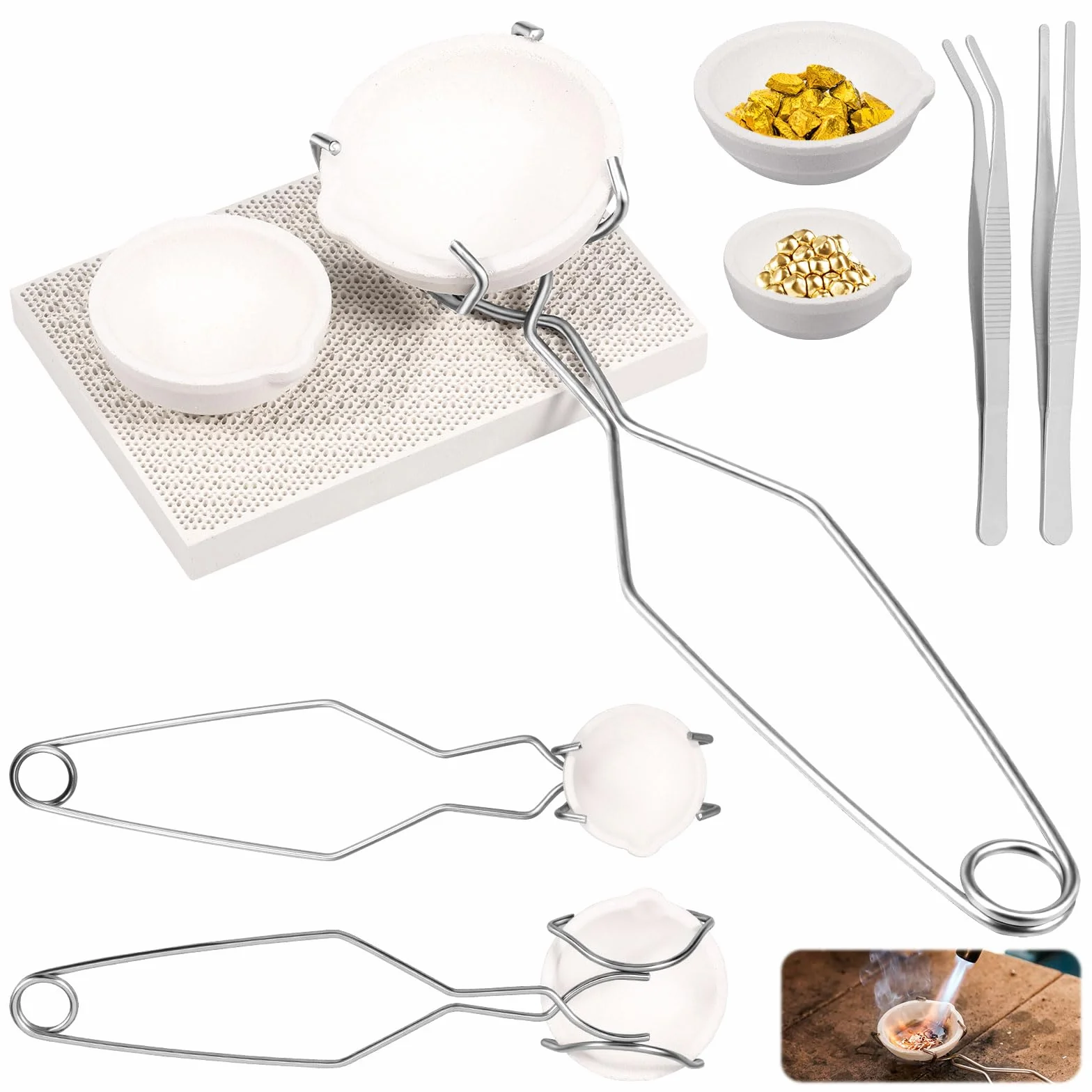 Set di 12 pezzi di fusione, crogiolo, alta resistenza al calore, 3 piccoli e 3 grandi crogioli al quarzo in ceramica, 3 pinze, 2 pinzette e 1 cuscinetto a nido d'ape, set di fusione in metallo per