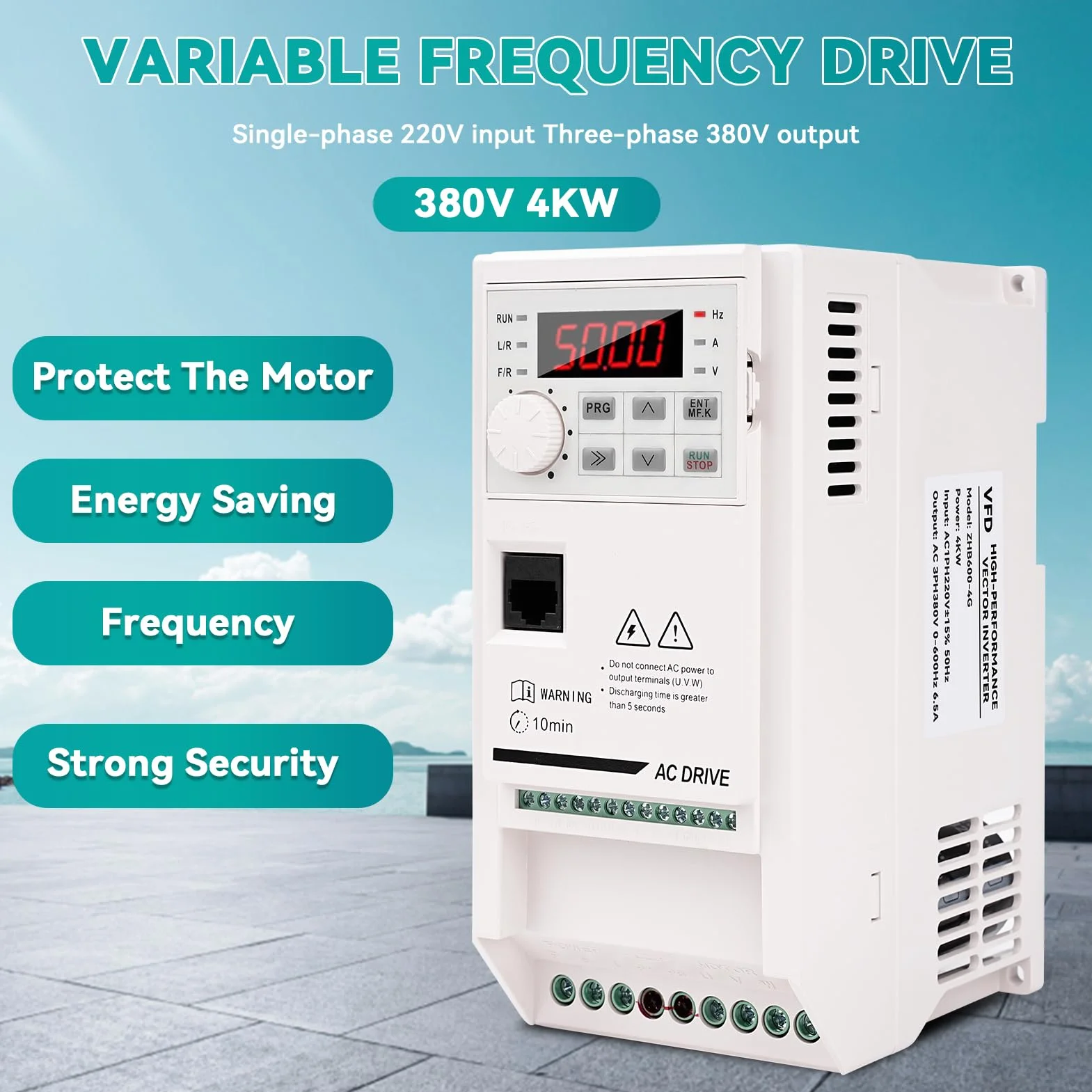 Inverter 220V Azionamento a Frequenza Variabile 4KW VFD convertitore di frequenza Entrata monofase 220V uscita trifase 380V Regolatore di velocità motore CNC ZHB600-4KW cavo di prolunga da 2m