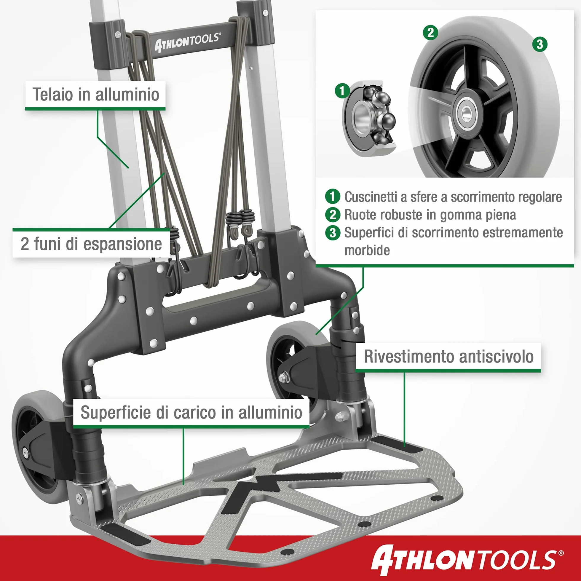 ATHLONTOOLS Carrello Trasporto Pieghevole in Alluminio 70 kg TÜV GS-certificato– Carrello Portapacchi con Ruote Silenziose, Manico Telescopico 110 cm, Cuscinetti Antiscivolo e 2 Corde Elastich
