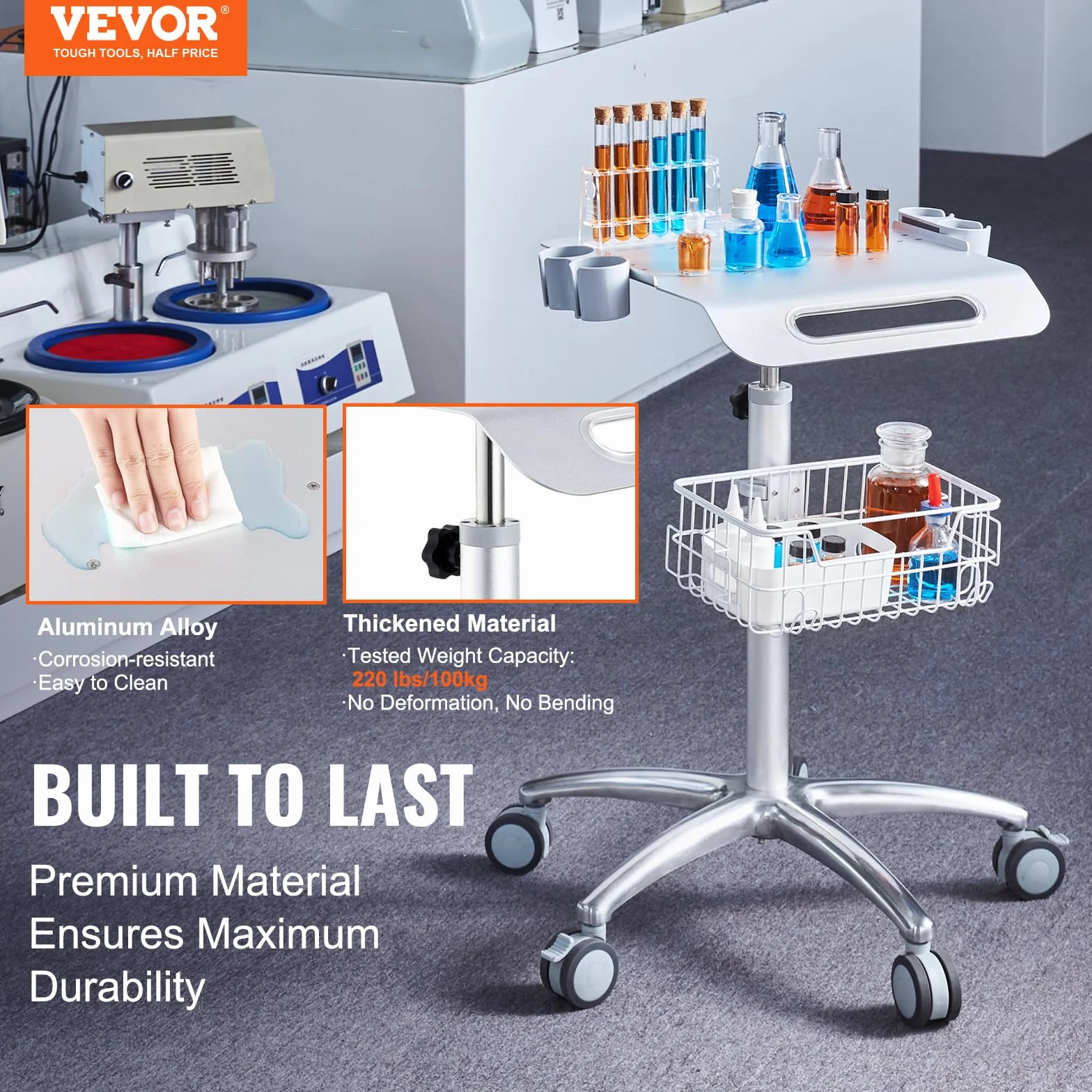 VEVOR Carrello medico regolabile in altezza 26,77"-42,91" con rotelle per laboratorio clinica